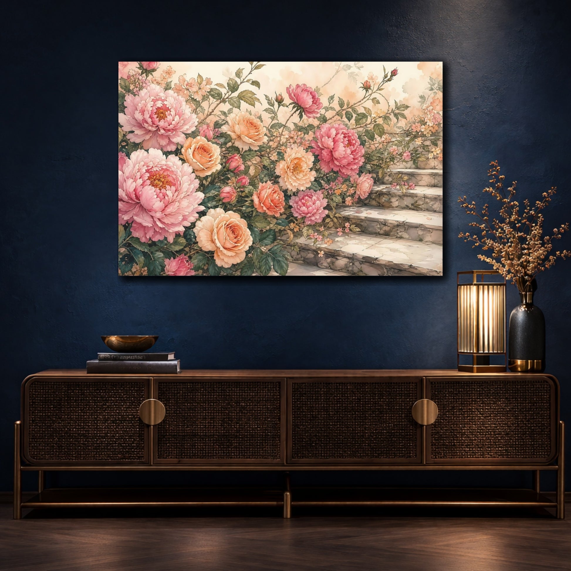 Mockup 4. Floral Peonies, Roses Pink Peach Floral shown as stretched canvas wall art