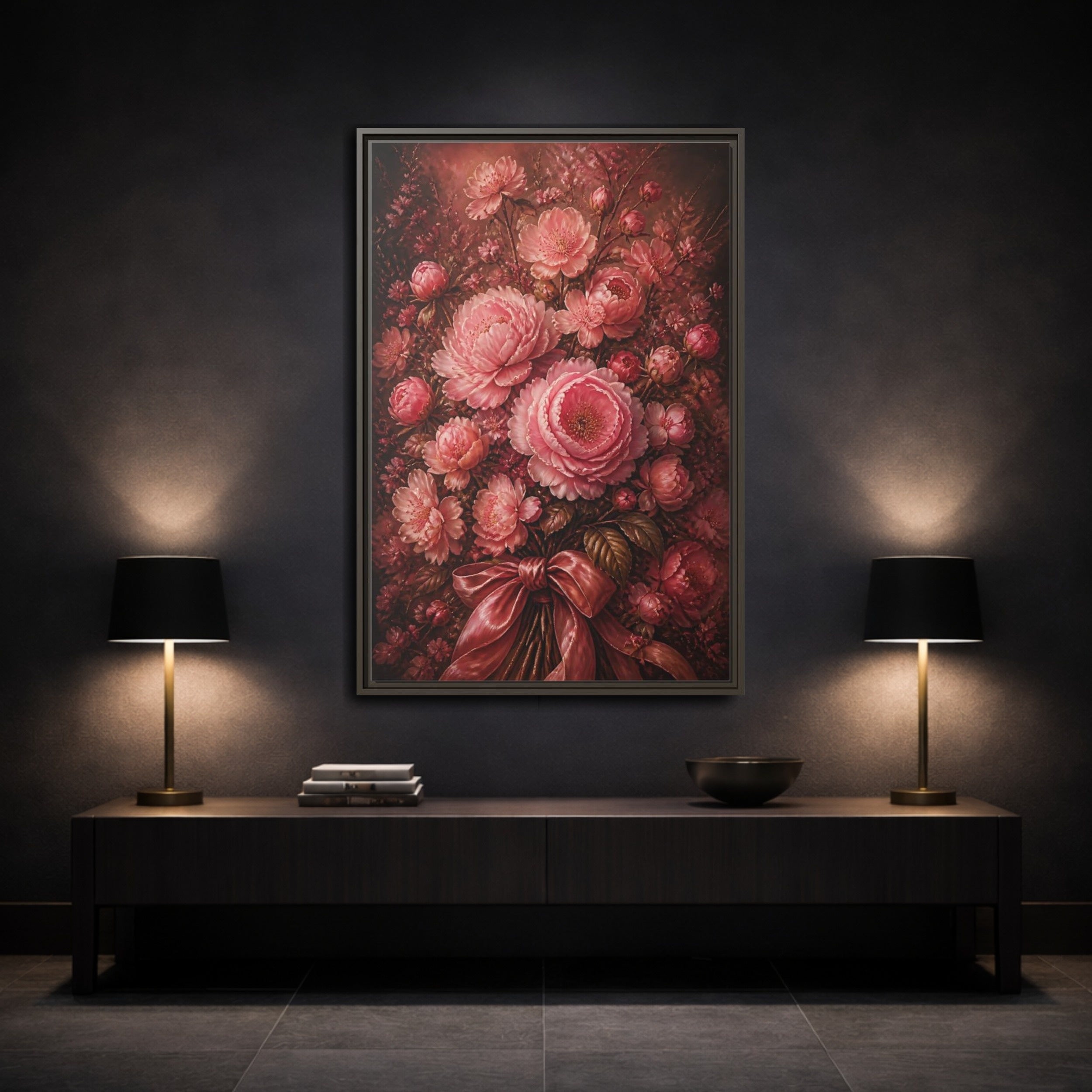 Mockup 3. Floral Peony Bouquet Pink Floral Bouquet shown as stretched canvas wall art