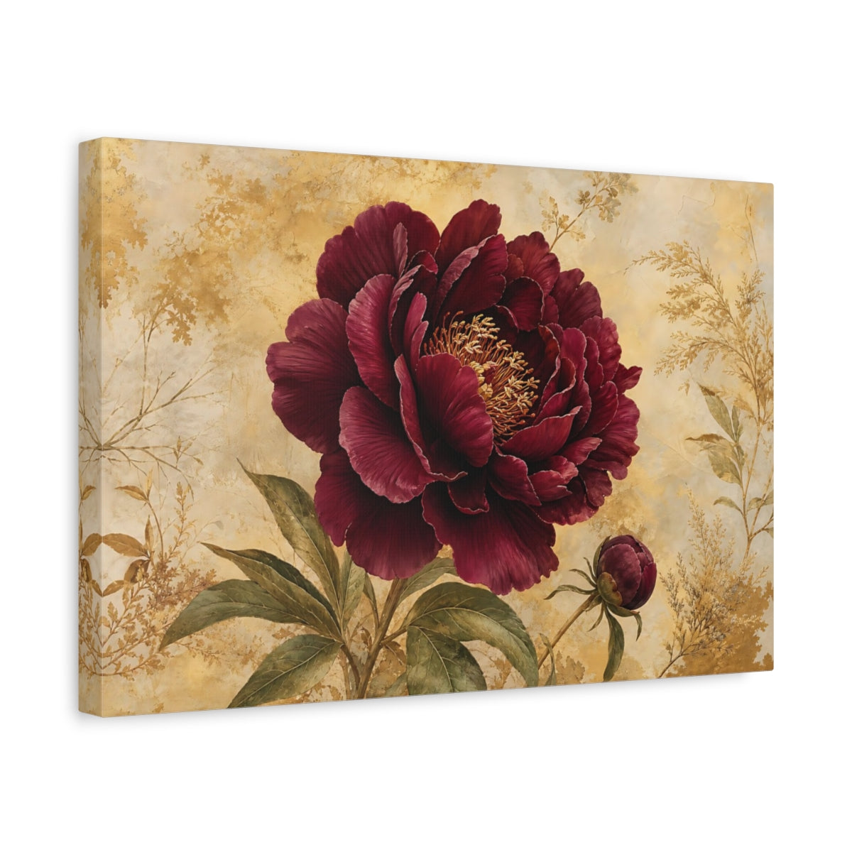 Side Mockup 4. Floral Peony Burgundy Gold Floral shown as stretched canvas wall art