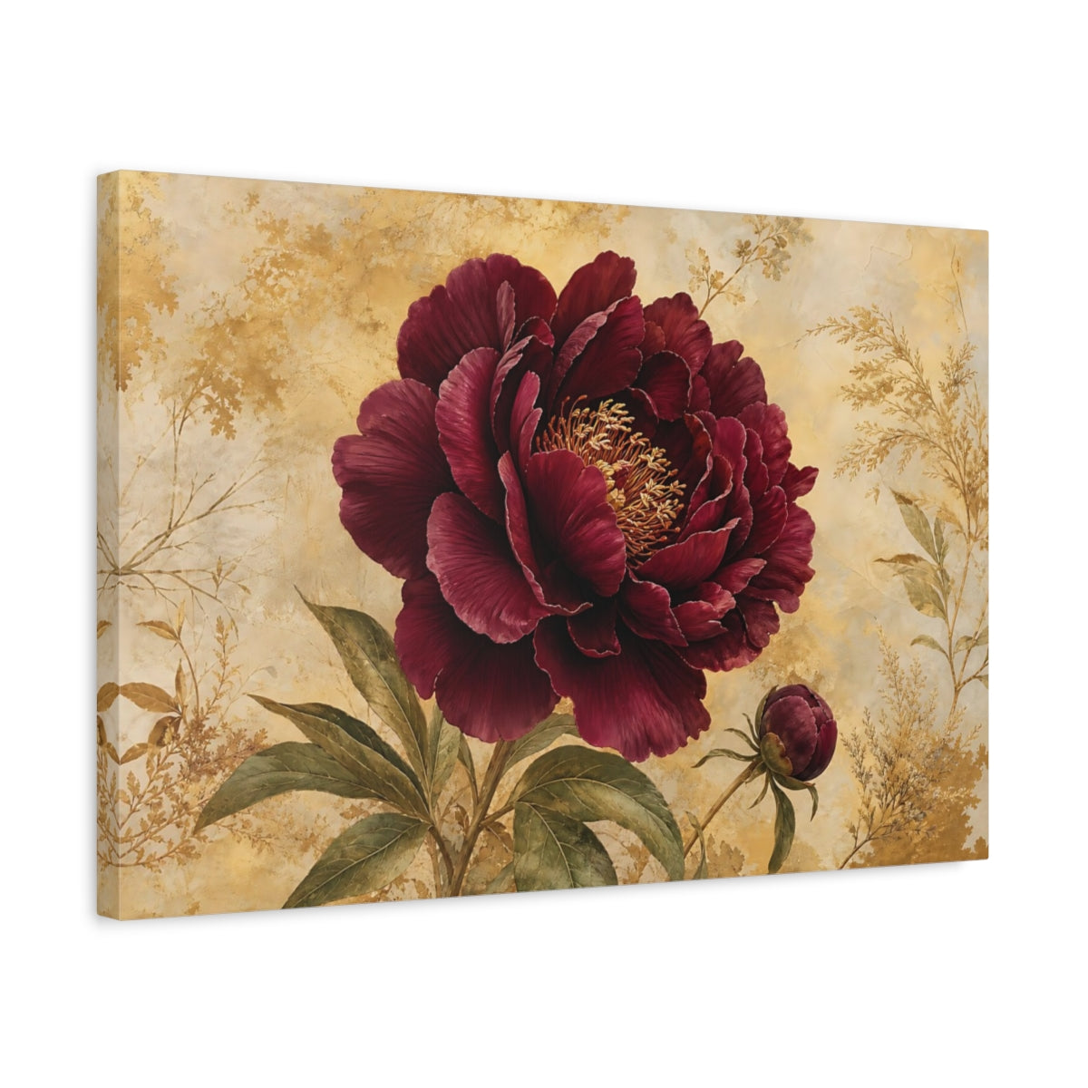Side Mockup 3. Floral Peony Burgundy Gold Floral shown as stretched canvas wall art