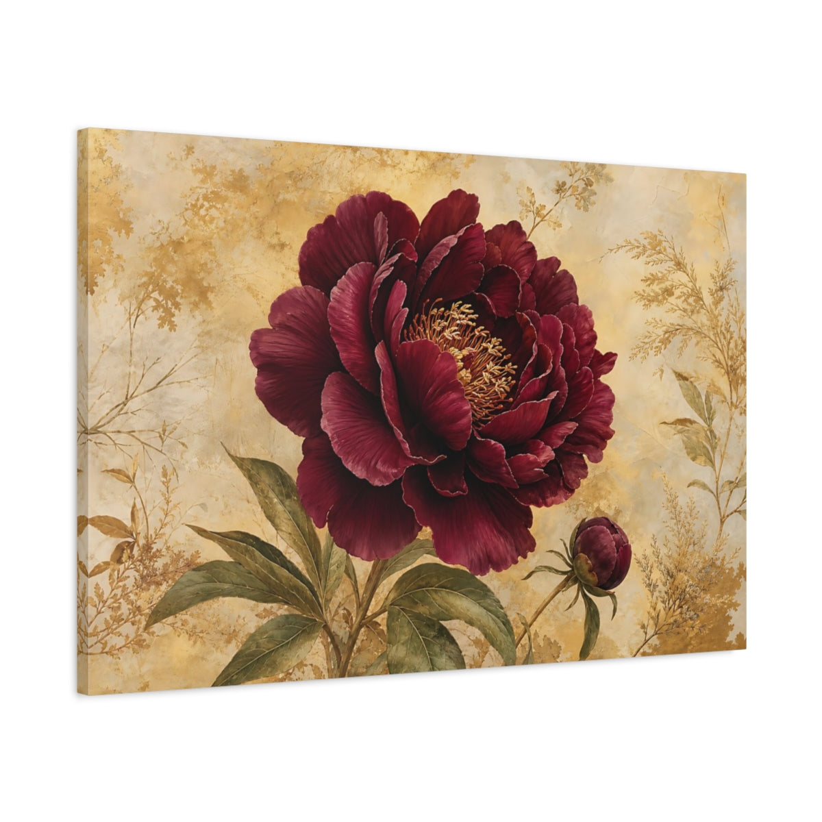 Main Mockup. Floral Peony Burgundy Gold Floral shown as stretched canvas wall art