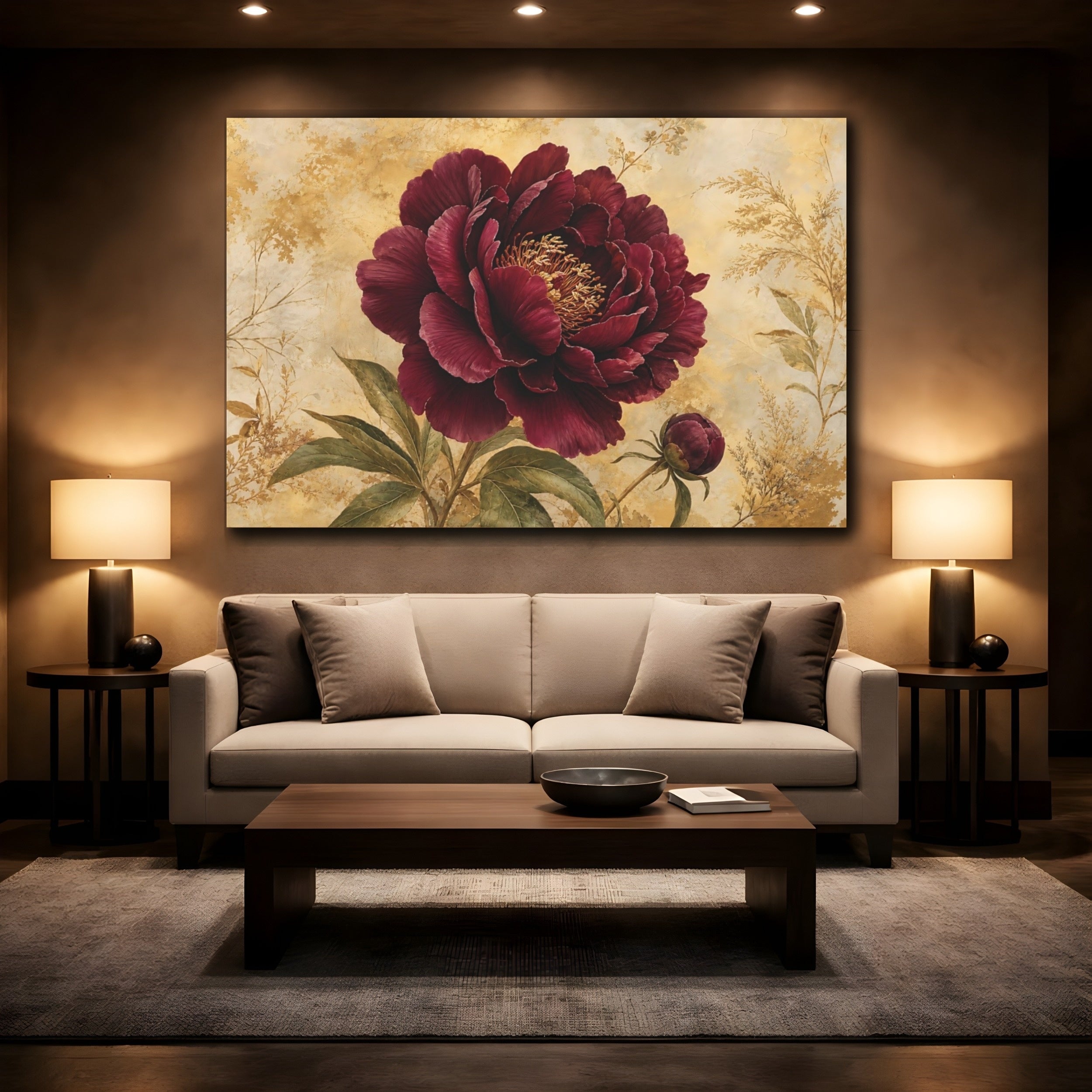 Mockup 2. Floral Peony Burgundy Gold Floral shown as stretched canvas wall art