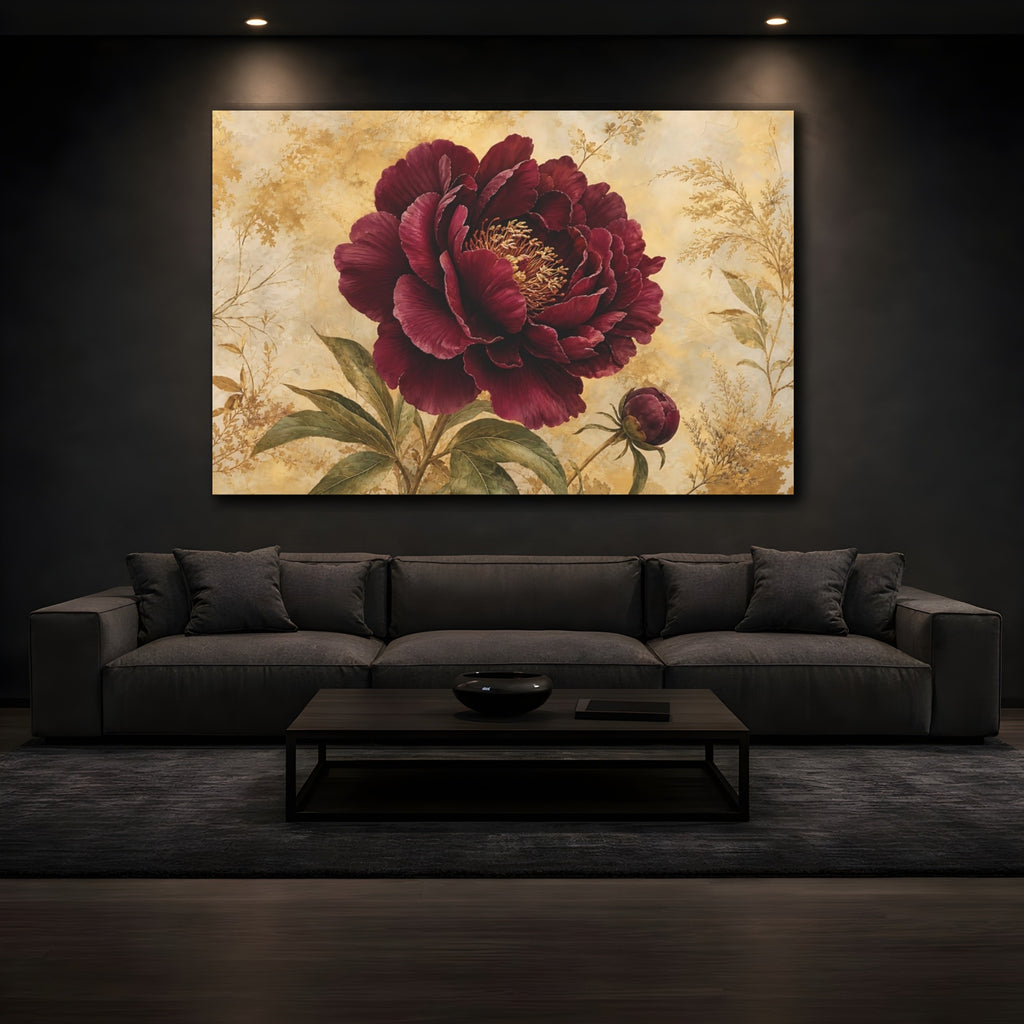Mockup 3. Floral Peony Burgundy Gold Floral shown as stretched canvas wall art