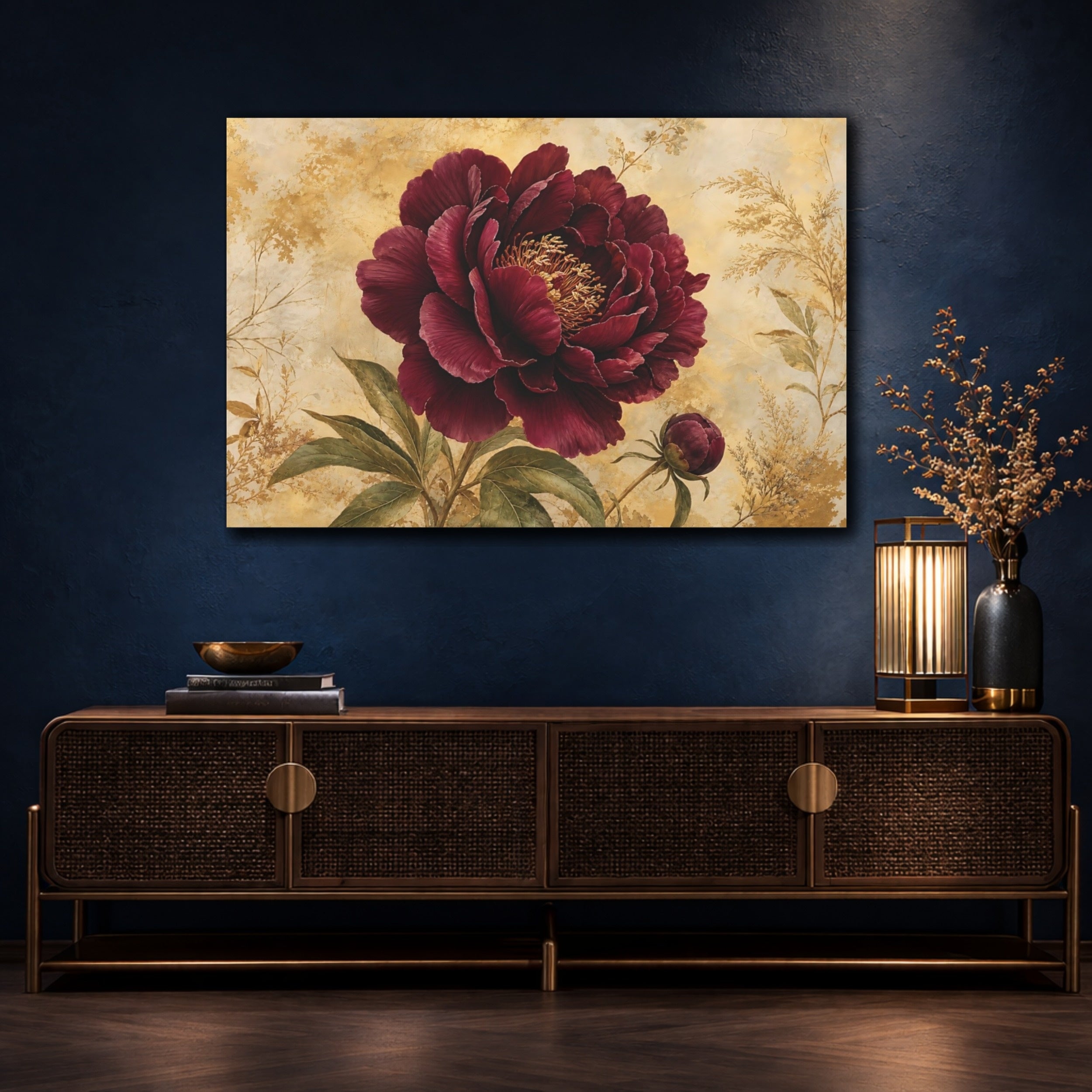 Mockup 4. Floral Peony Burgundy Gold Floral shown as stretched canvas wall art