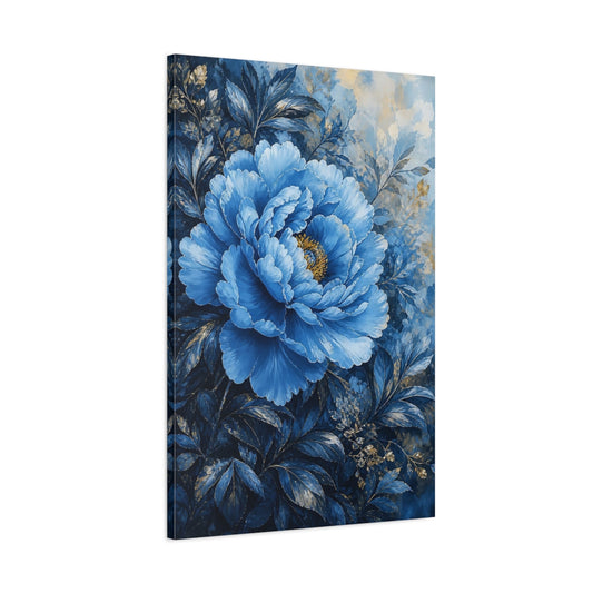Main Mockup. Floral Peony Flower Blue Gold Floral shown as stretched canvas wall art