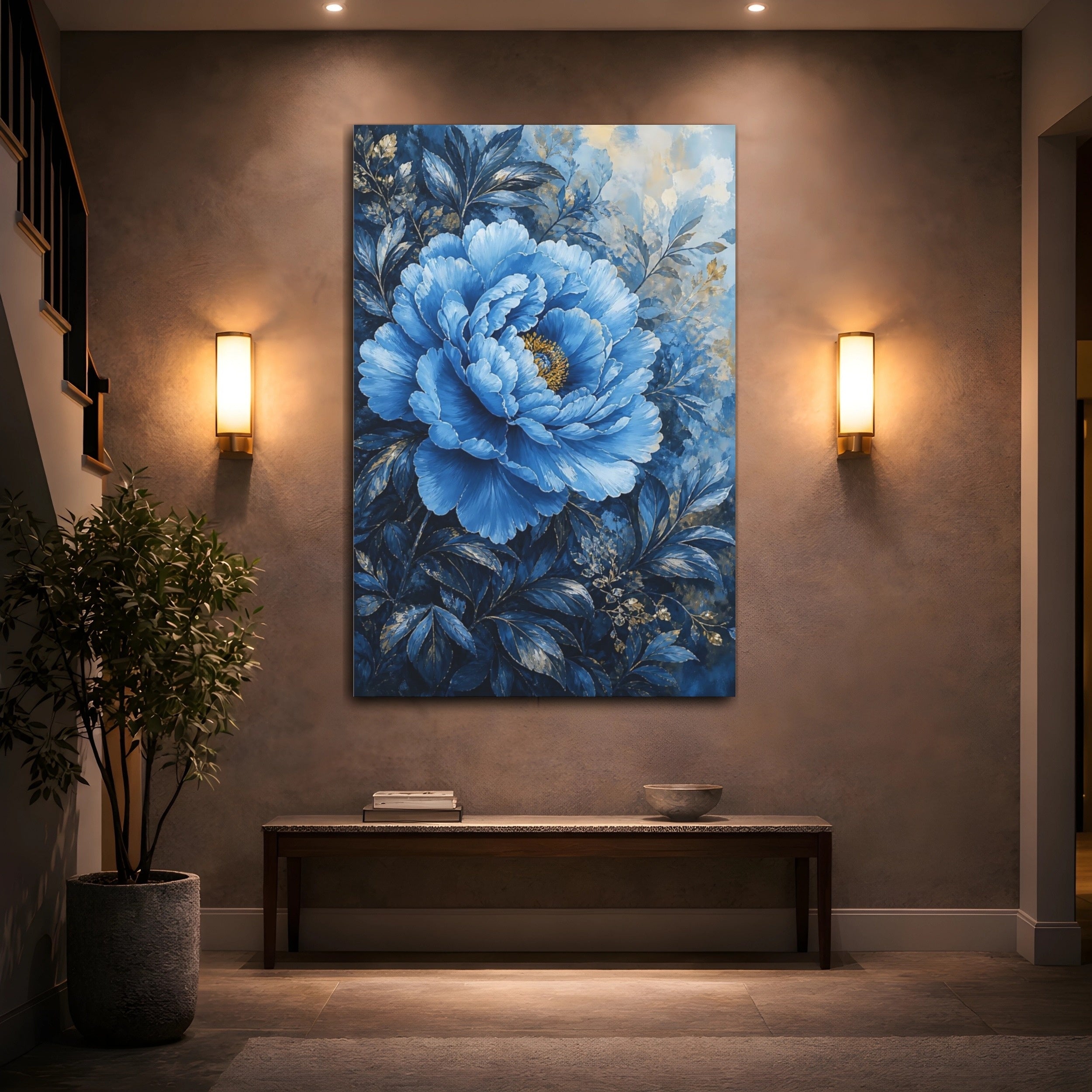 Mockup 2. Floral Peony Flower Blue Gold Floral shown as stretched canvas wall art