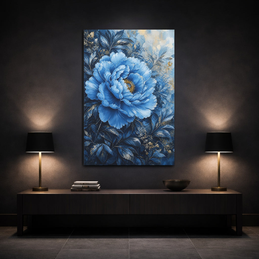 Mockup 3. Floral Peony Flower Blue Gold Floral shown as stretched canvas wall art