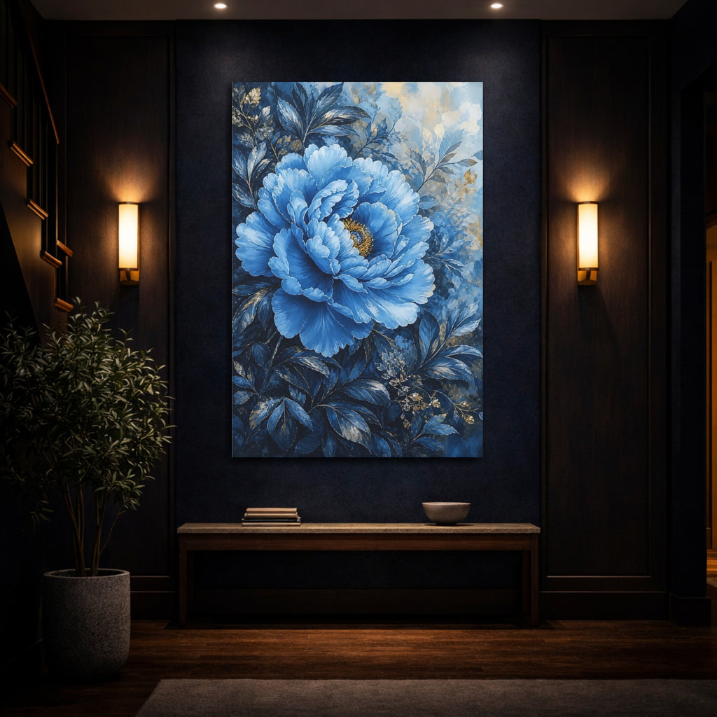 Mockup 4. Floral Peony Flower Blue Gold Floral shown as stretched canvas wall art