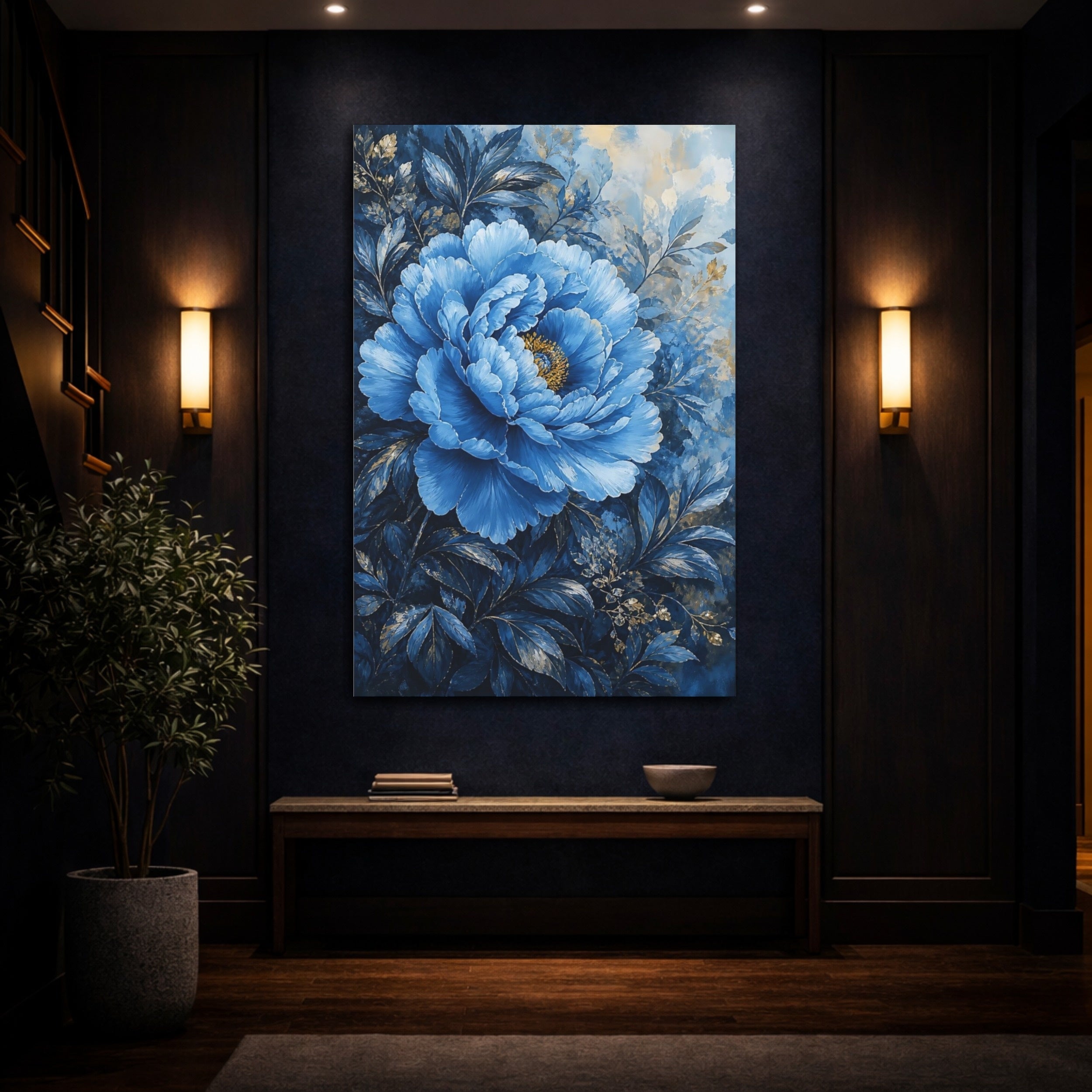 Mockup 4. Floral Peony Flower Blue Gold Floral shown as stretched canvas wall art