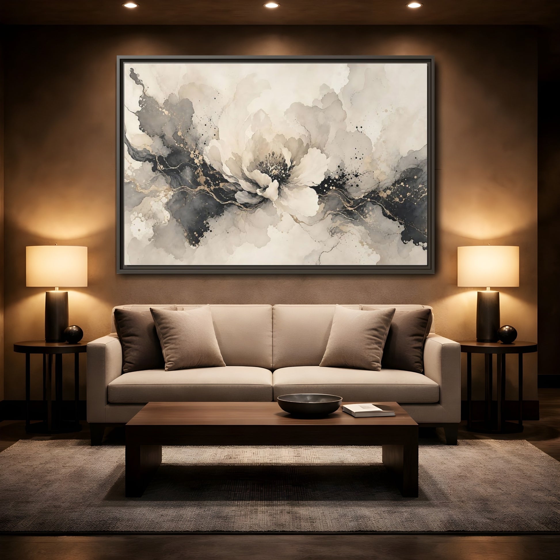Mockup 2. Floral Peony Flower Gray Gold Floral shown as stretched canvas wall art