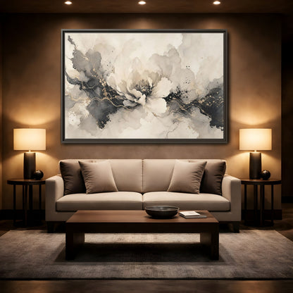 Mockup 2. Floral Peony Flower Gray Gold Floral shown as stretched canvas wall art