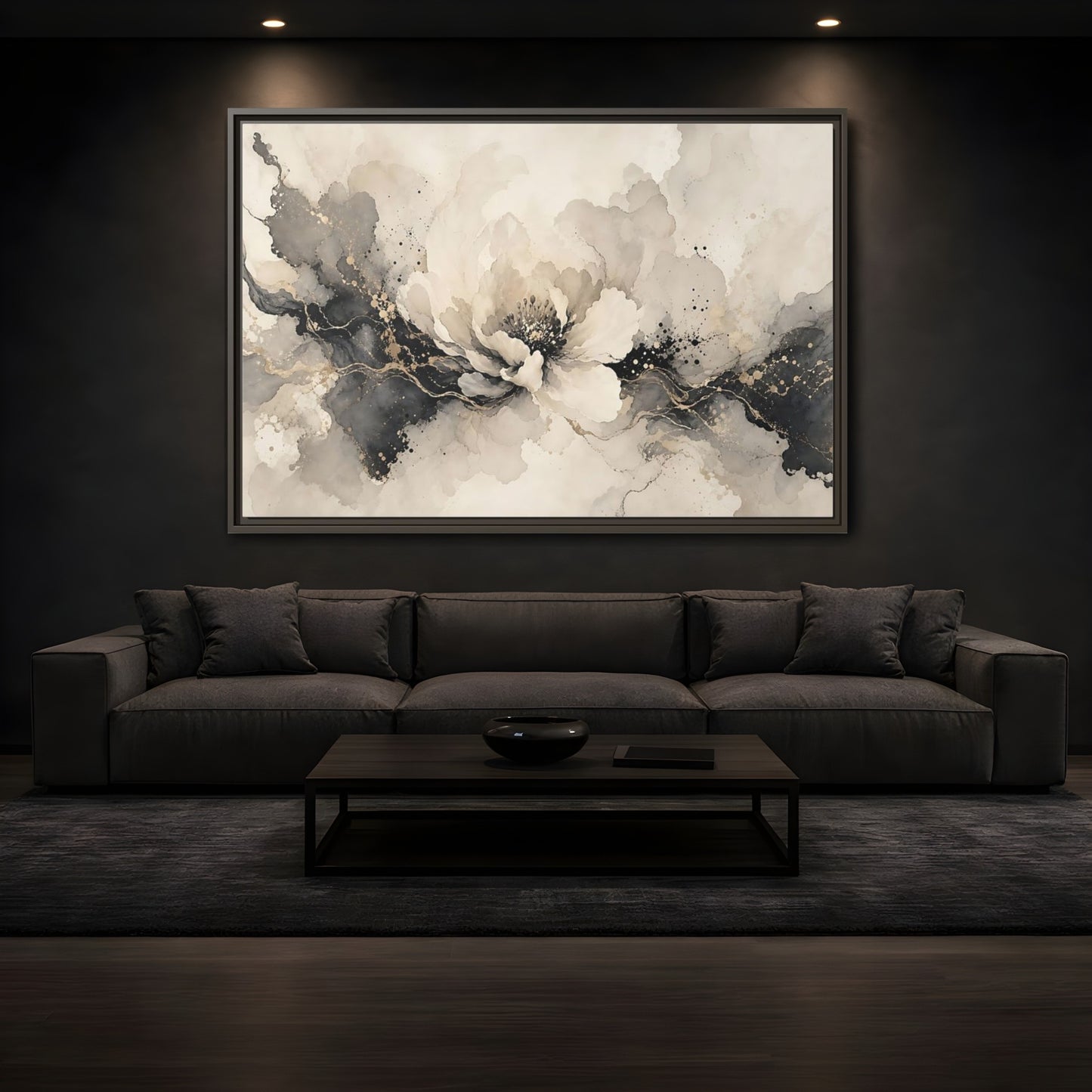 Mockup 3. Floral Peony Flower Gray Gold Floral shown as stretched canvas wall art