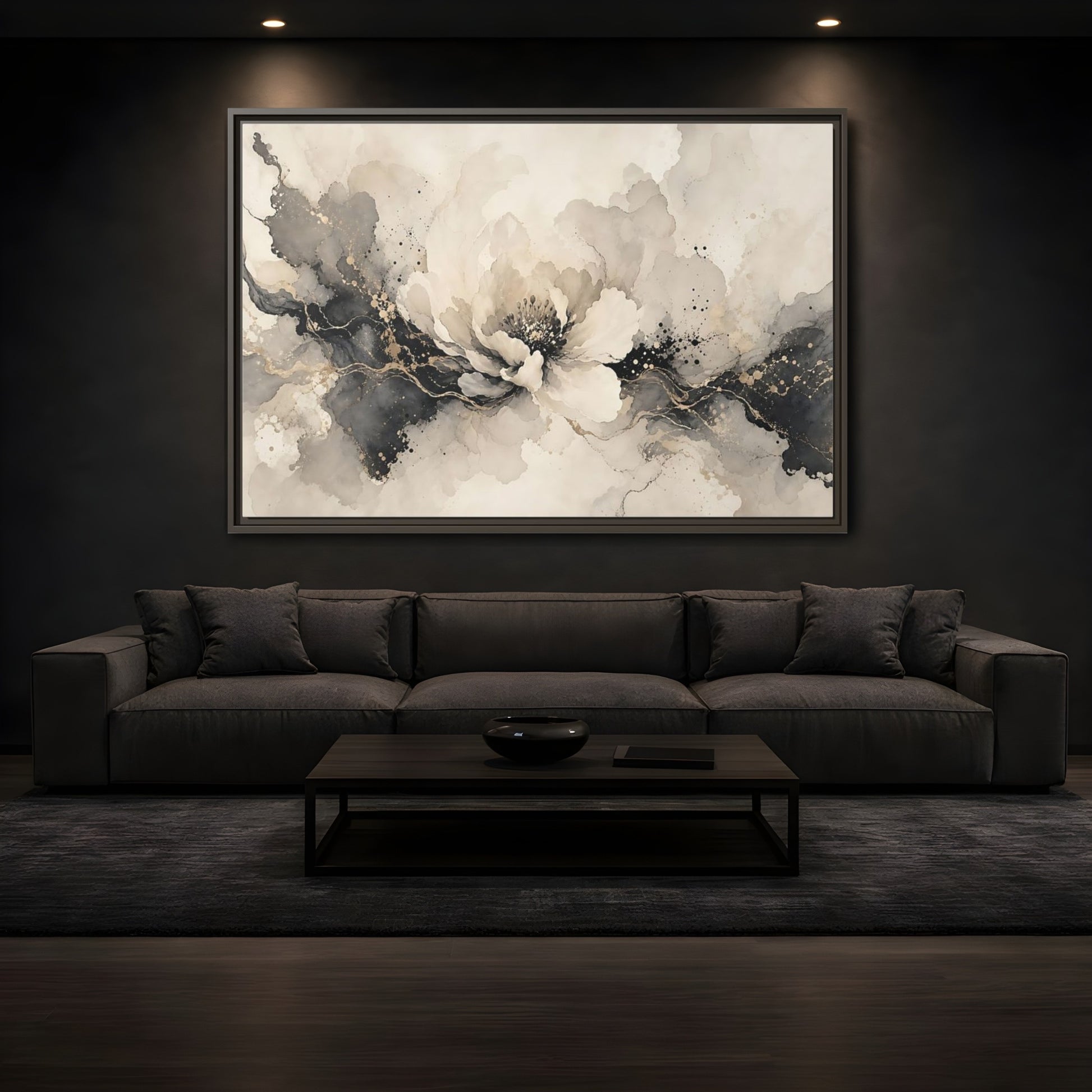 Mockup 3. Floral Peony Flower Gray Gold Floral shown as stretched canvas wall art