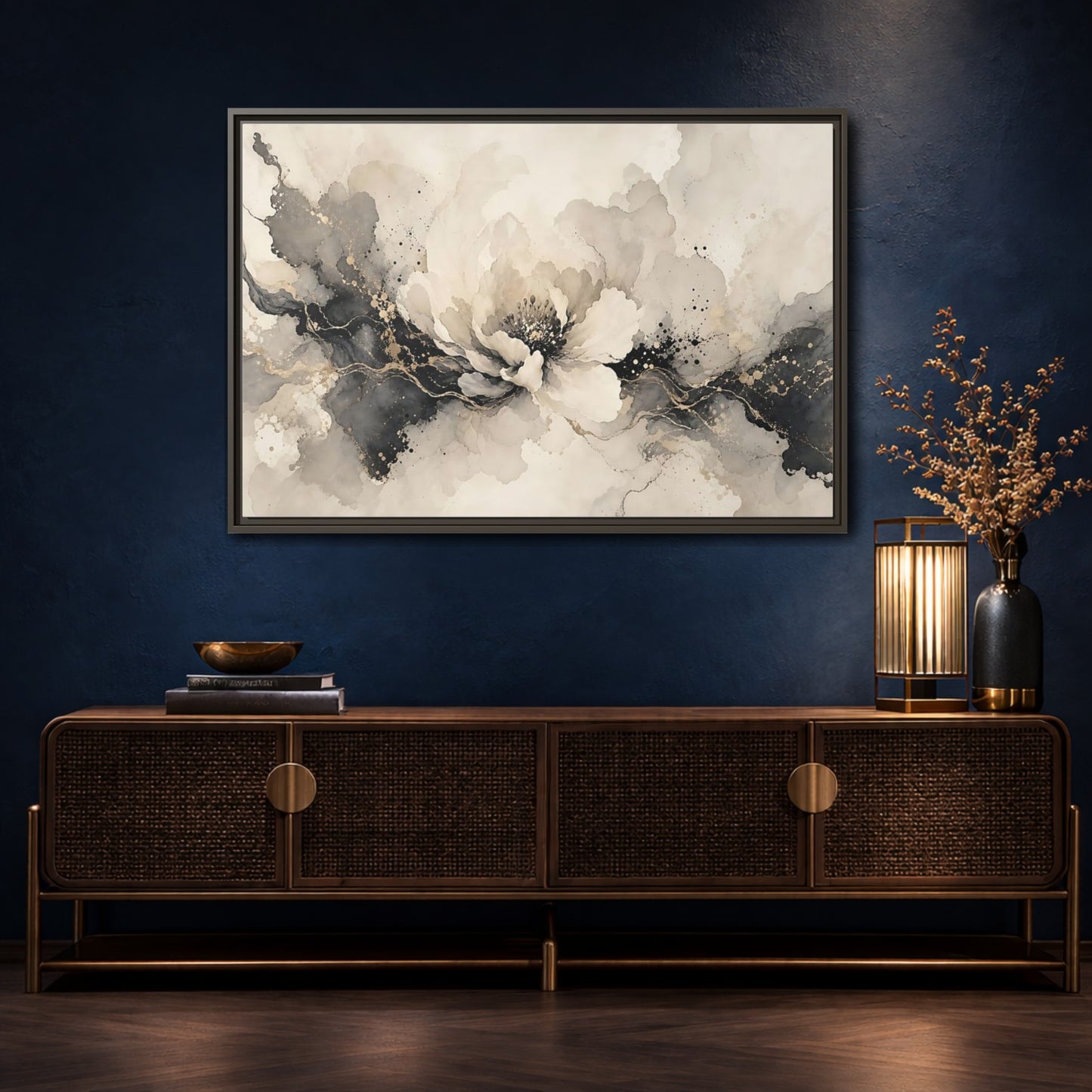 Mockup 4. Floral Peony Flower Gray Gold Floral shown as stretched canvas wall art