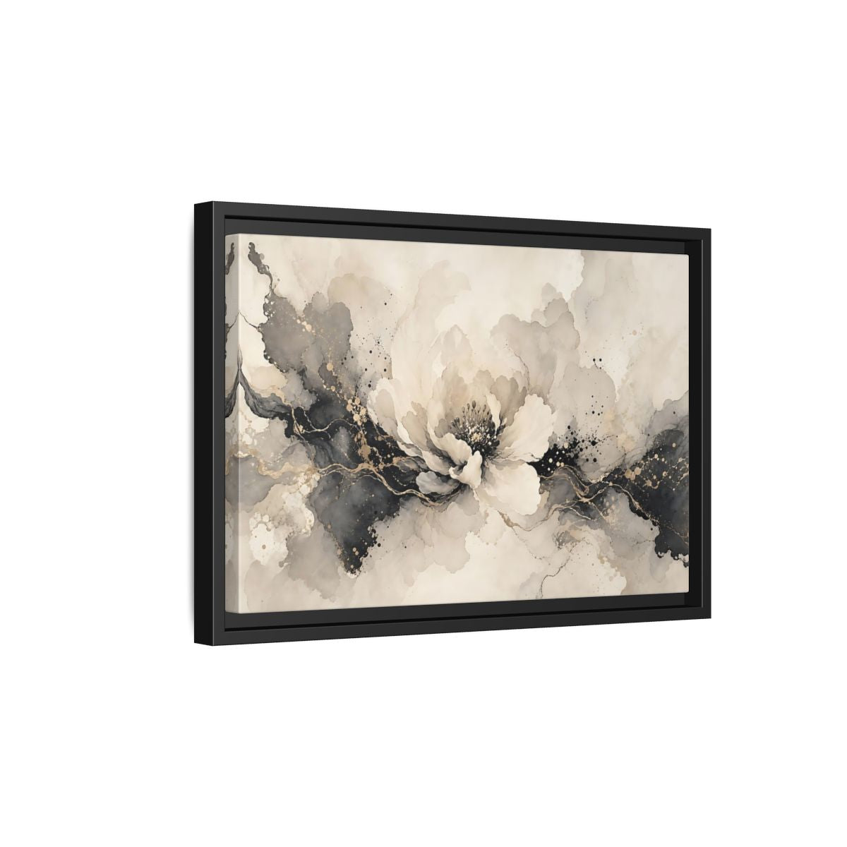 Side Mockup 6. Floral Peony Flower Gray Gold Floral shown as stretched canvas wall art