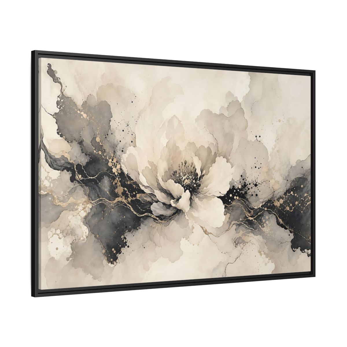 Side Mockup 12. Floral Peony Flower Gray Gold Floral shown as stretched canvas wall art