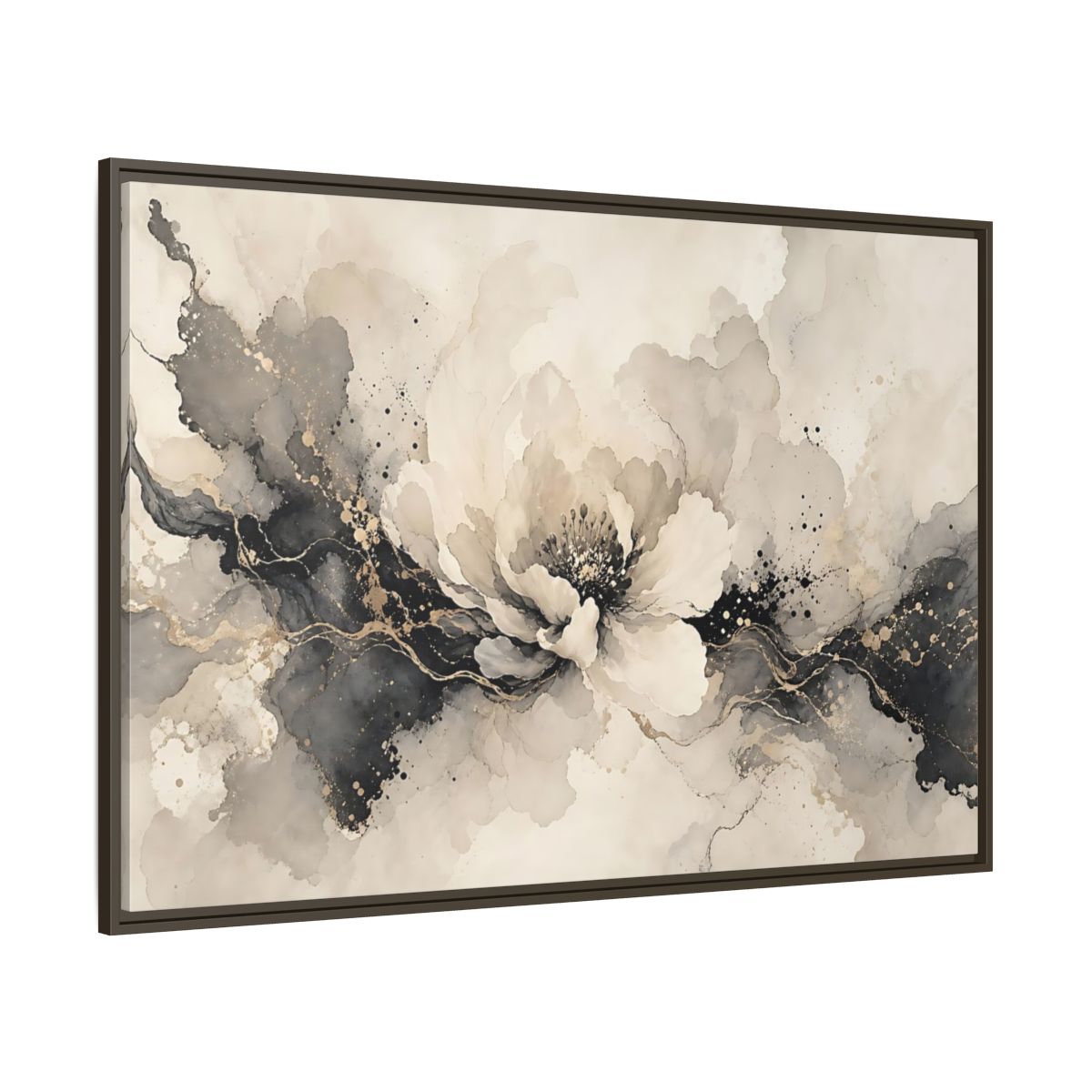 Side Mockup 8. Floral Peony Flower Gray Gold Floral shown as stretched canvas wall art