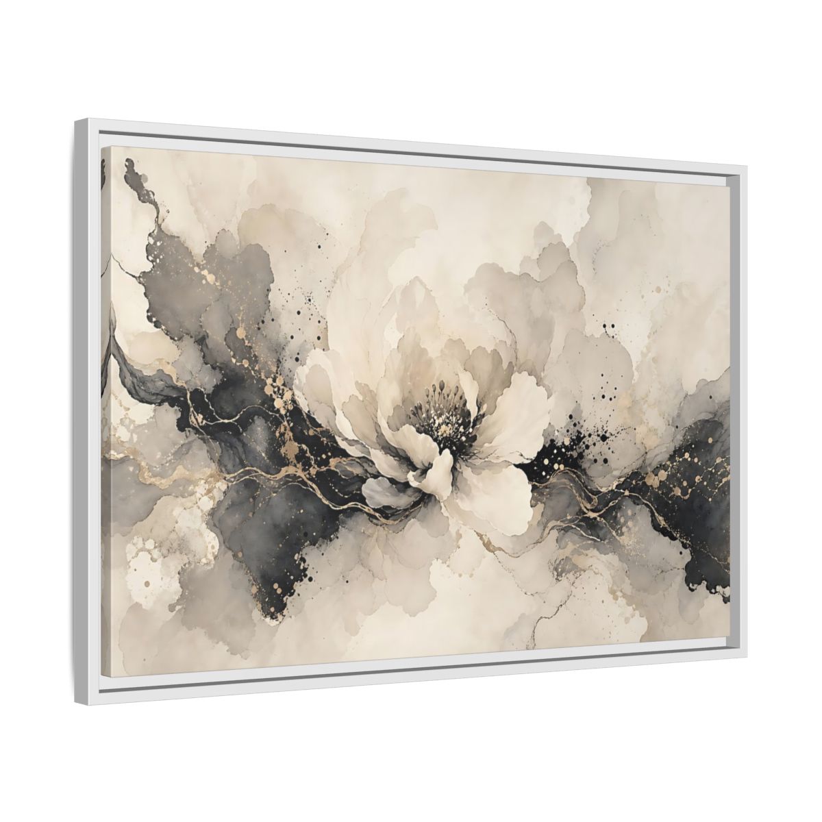 Side Mockup 10. Floral Peony Flower Gray Gold Floral shown as stretched canvas wall art