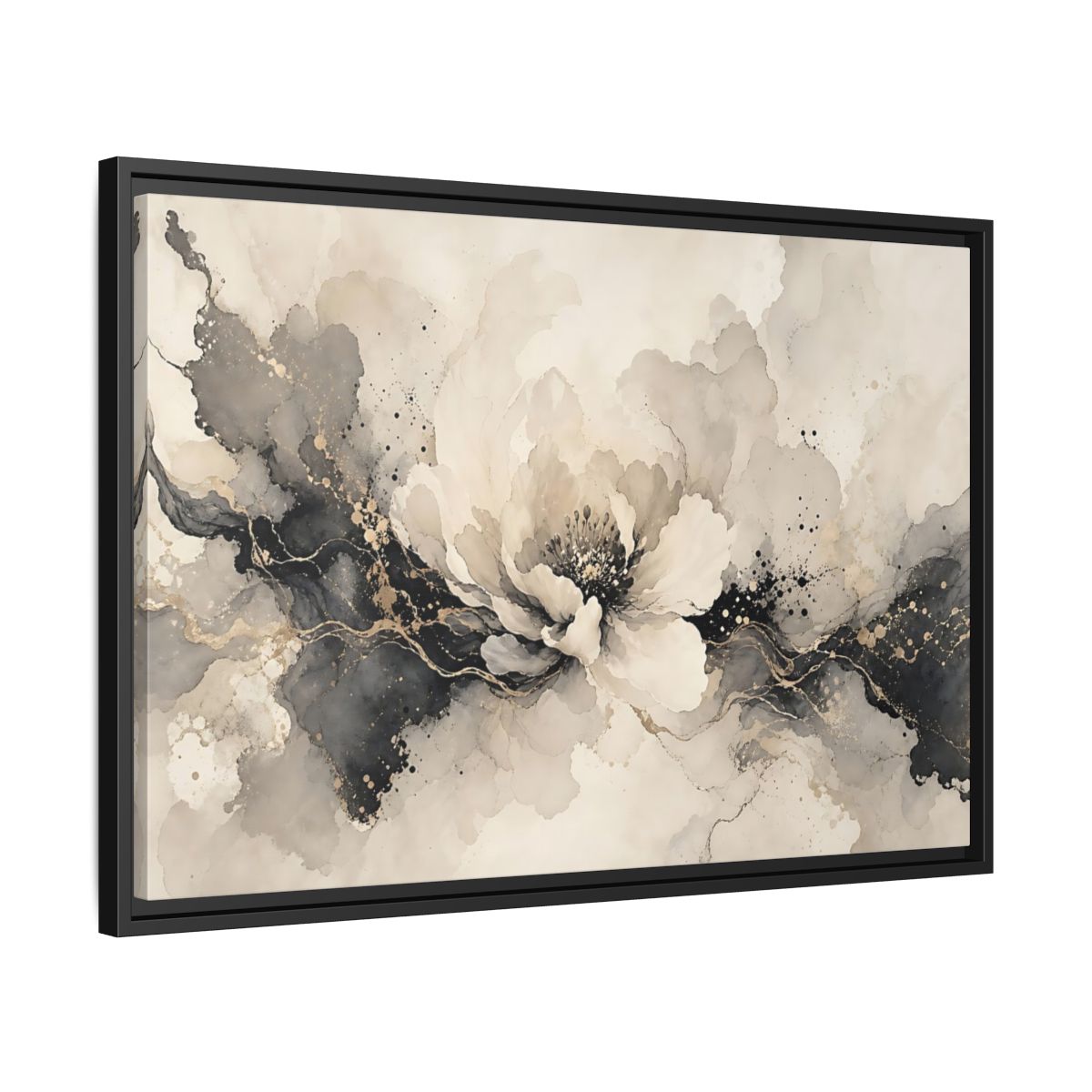 Side Mockup 14. Floral Peony Flower Gray Gold Floral shown as stretched canvas wall art