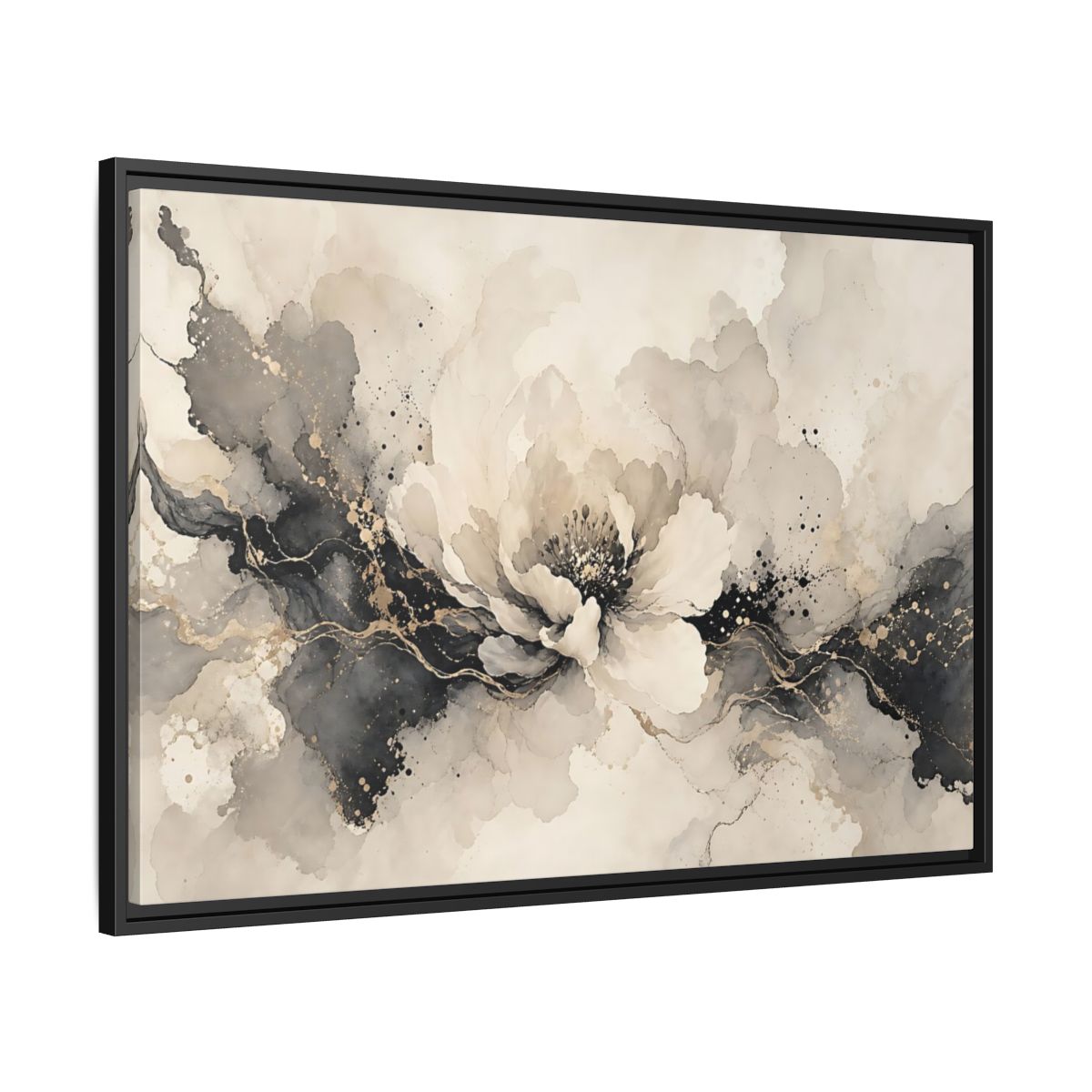 Side Mockup 13. Floral Peony Flower Gray Gold Floral shown as stretched canvas wall art