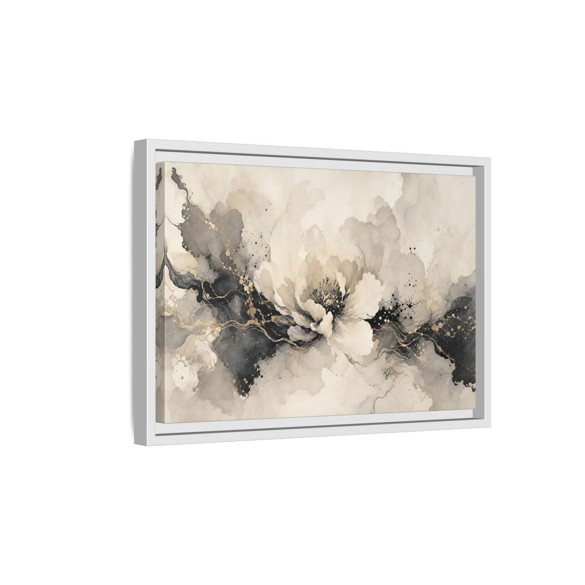 Side Mockup 4. Floral Peony Flower Gray Gold Floral shown as stretched canvas wall art