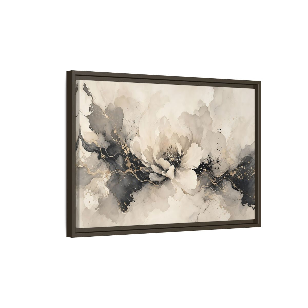 Side Mockup 2. Floral Peony Flower Gray Gold Floral shown as stretched canvas wall art