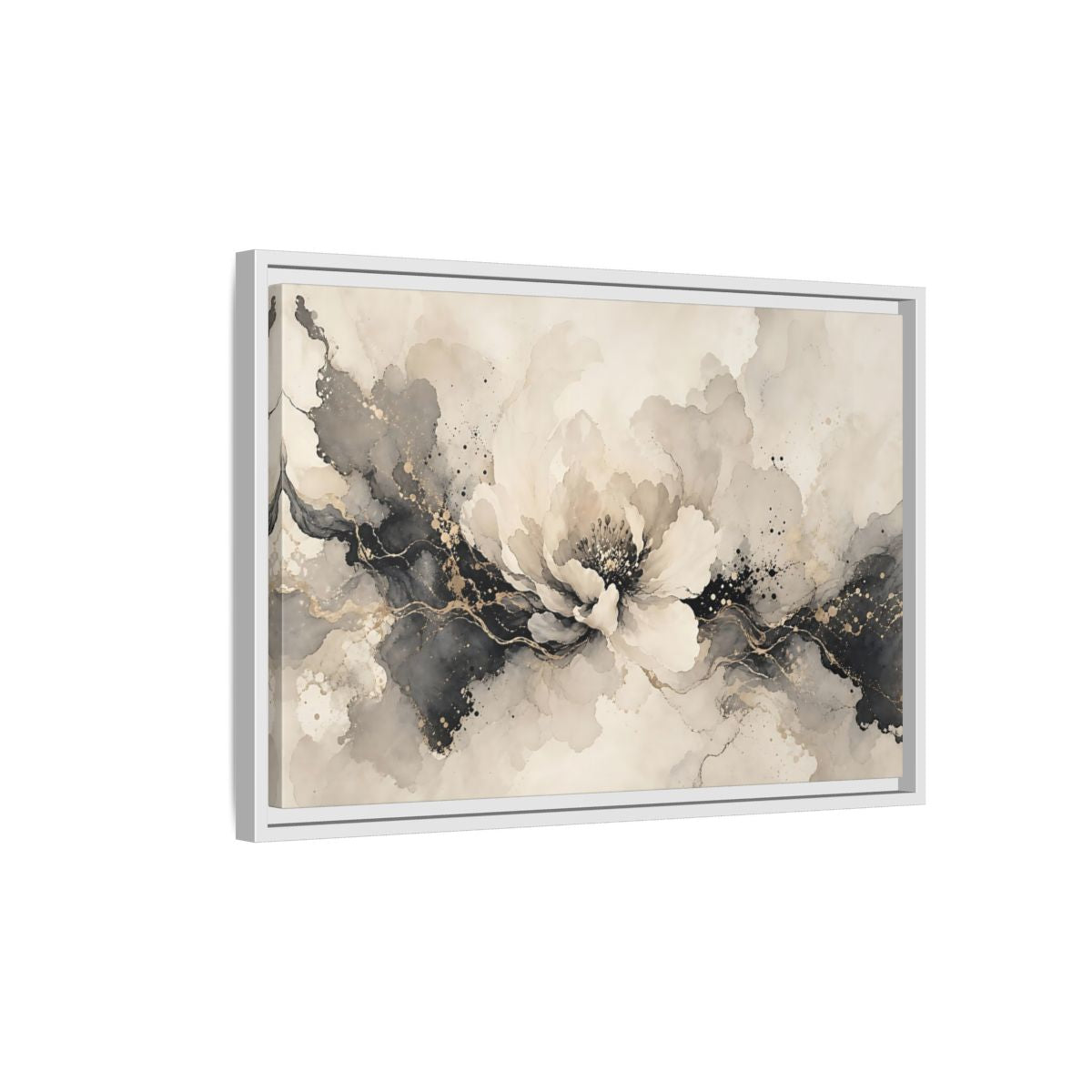 Side Mockup 1. Floral Peony Flower Gray Gold Floral shown as stretched canvas wall art