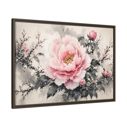 Main Mockup. Floral Peony Flower Pink And Grey Floral shown as stretched canvas wall art
