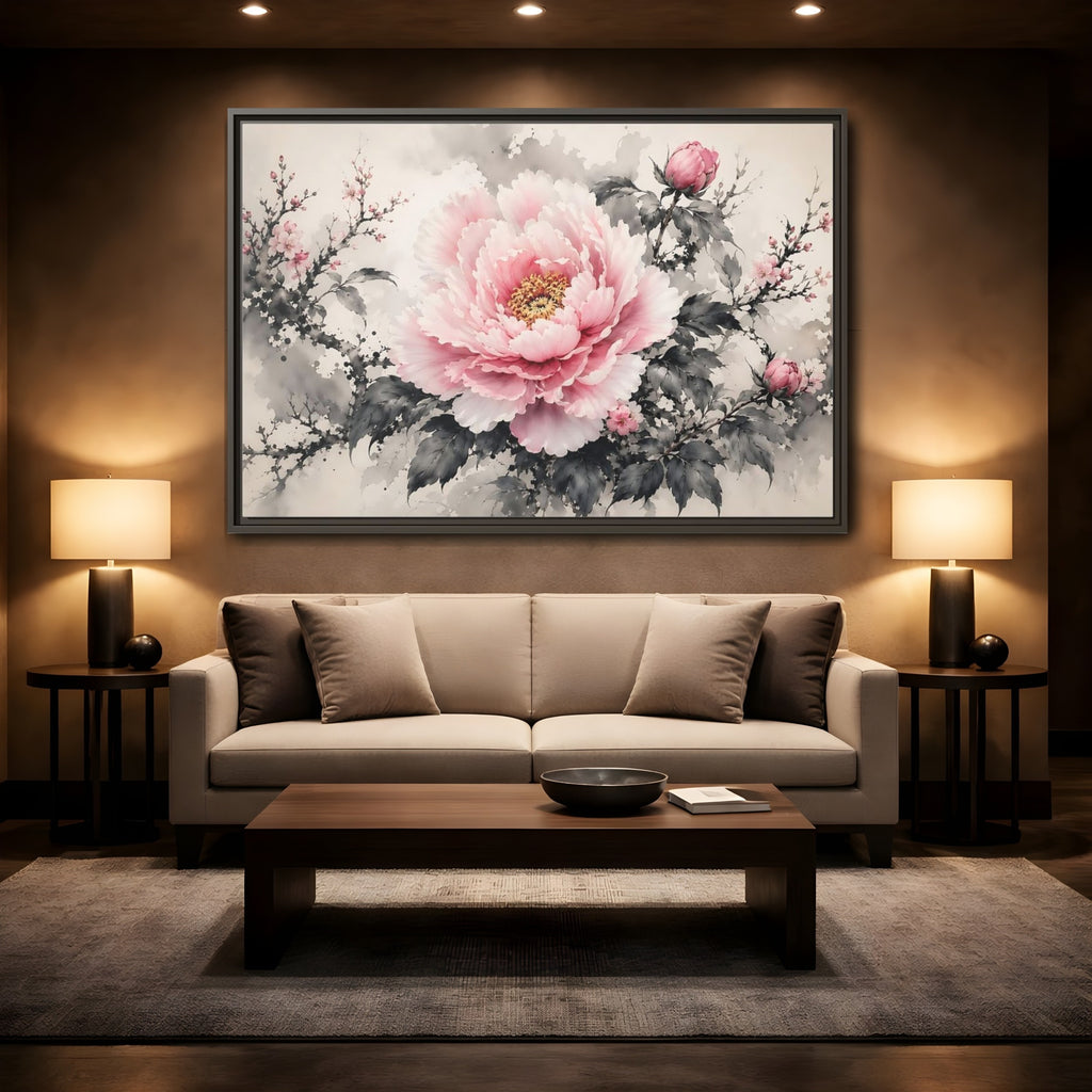 Mockup 2. Floral Peony Flower Pink And Grey Floral shown as stretched canvas wall art