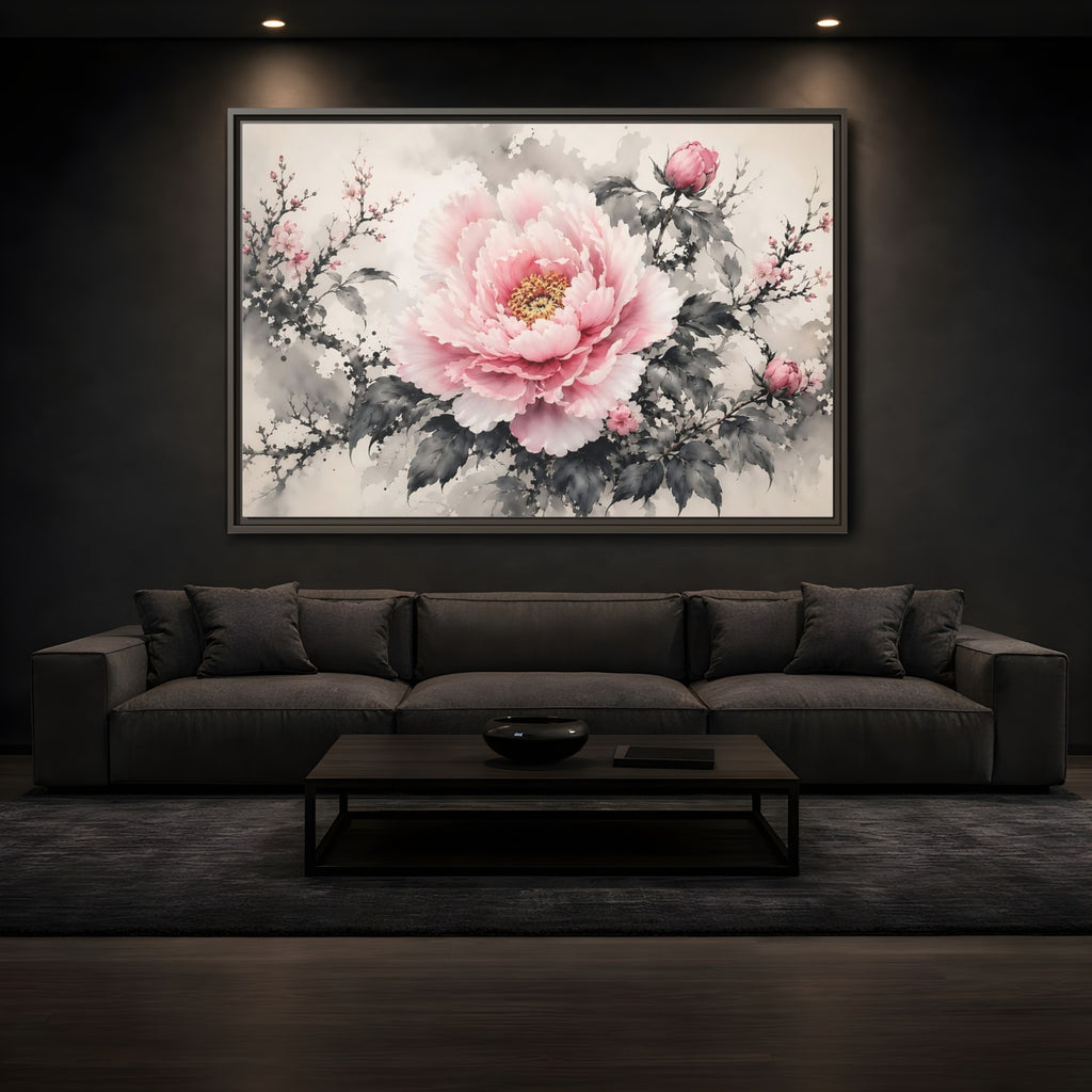 Mockup 3. Floral Peony Flower Pink And Grey Floral shown as stretched canvas wall art