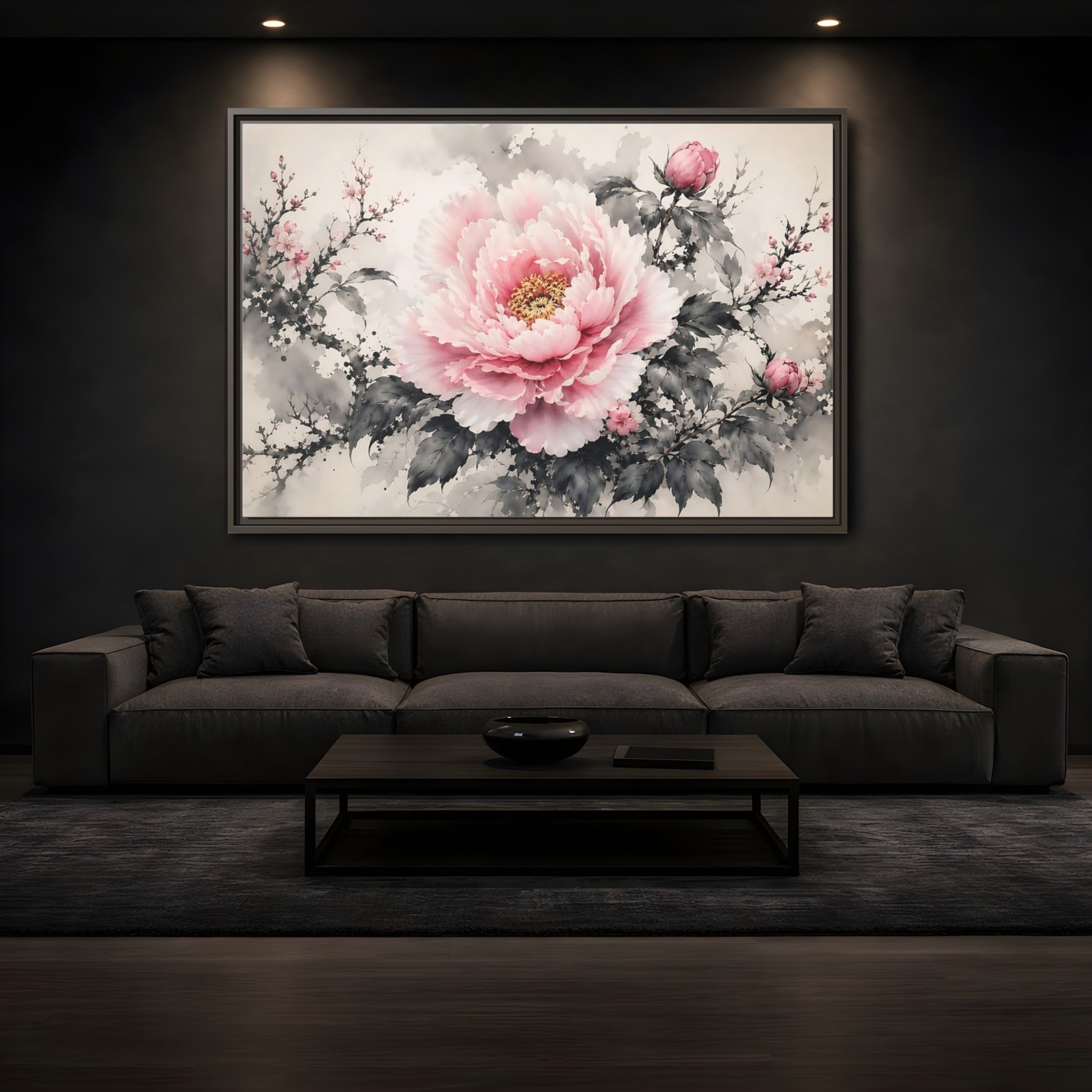 Mockup 3. Floral Peony Flower Pink And Grey Floral shown as stretched canvas wall art