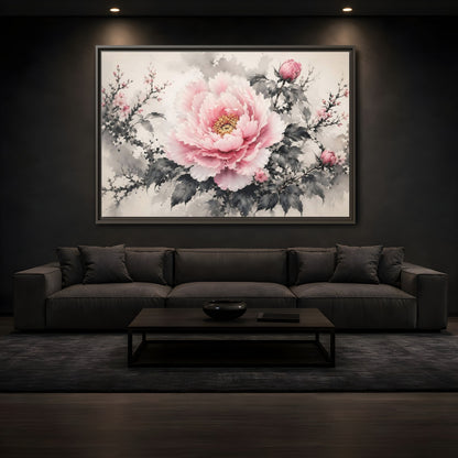 Mockup 3. Floral Peony Flower Pink And Grey Floral shown as stretched canvas wall art