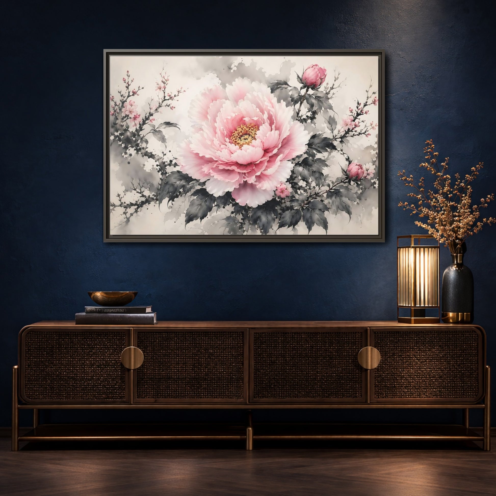 Mockup 4. Floral Peony Flower Pink And Grey Floral shown as stretched canvas wall art