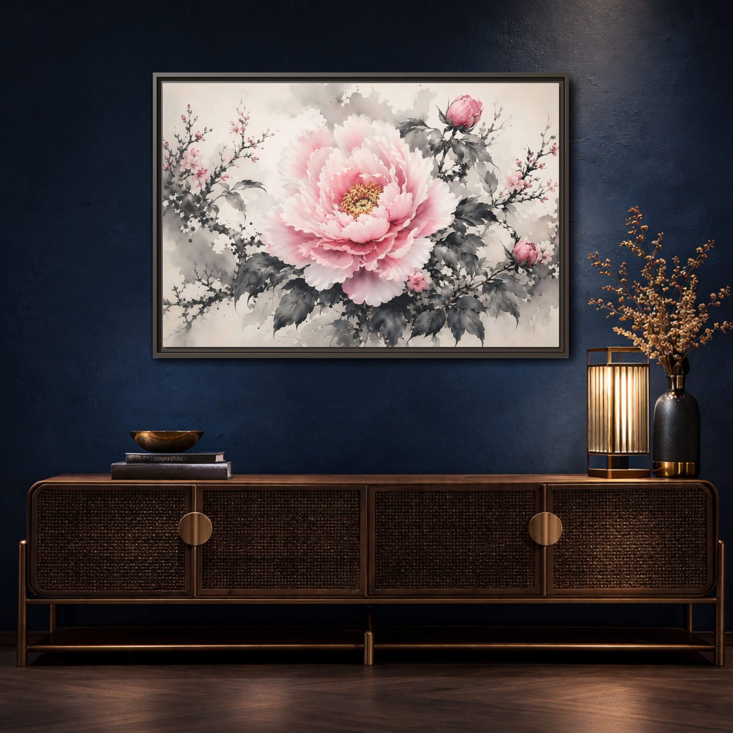 Mockup 4. Floral Peony Flower Pink And Grey Floral shown as stretched canvas wall art
