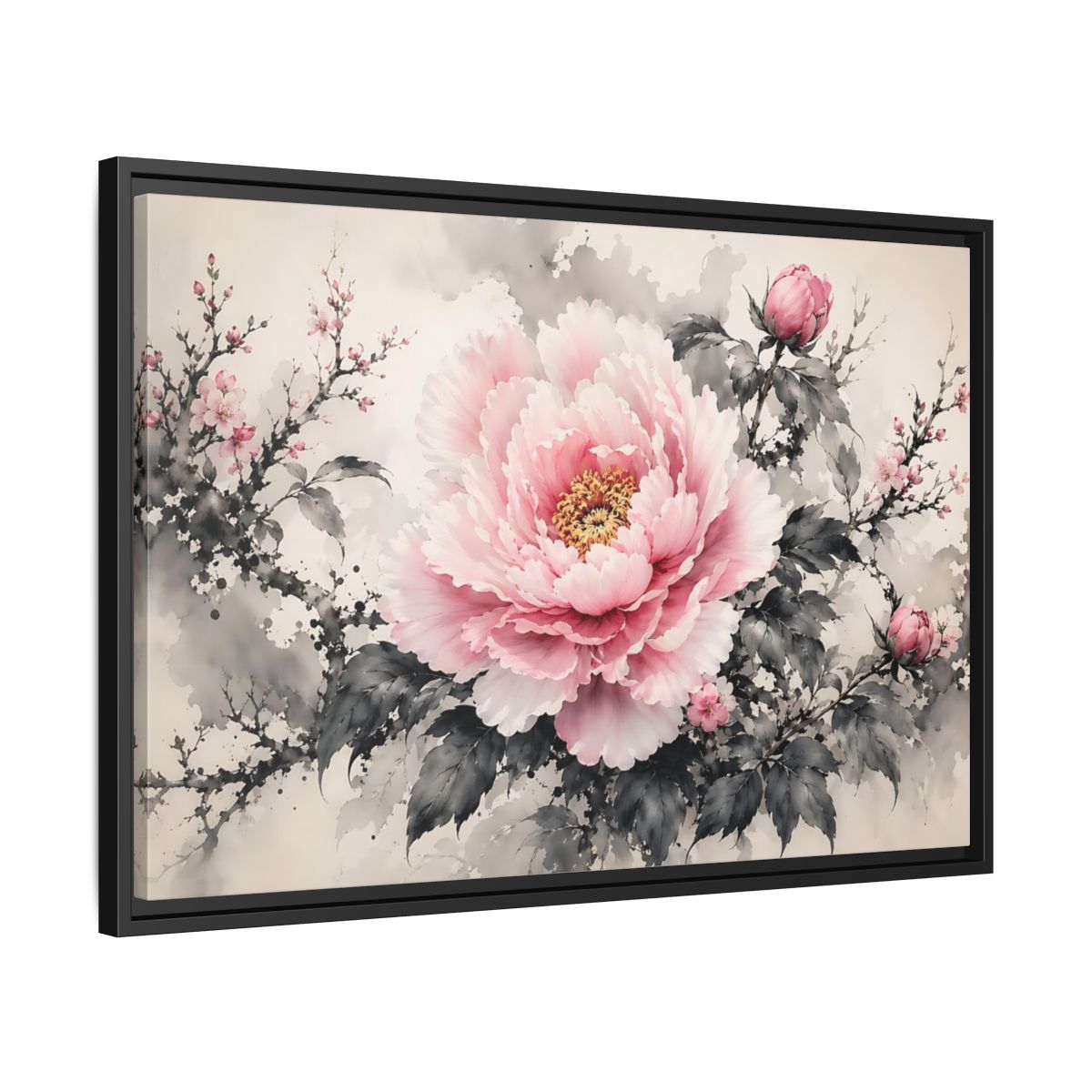 Side Mockup 14. Floral Peony Flower Pink And Grey Floral shown as stretched canvas wall art