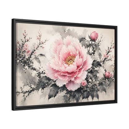 Side Mockup 14. Floral Peony Flower Pink And Grey Floral shown as stretched canvas wall art