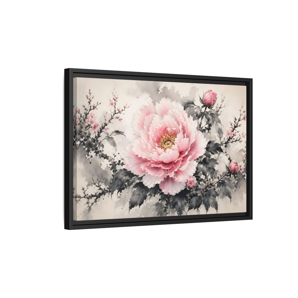 Side Mockup 3. Floral Peony Flower Pink And Grey Floral shown as stretched canvas wall art