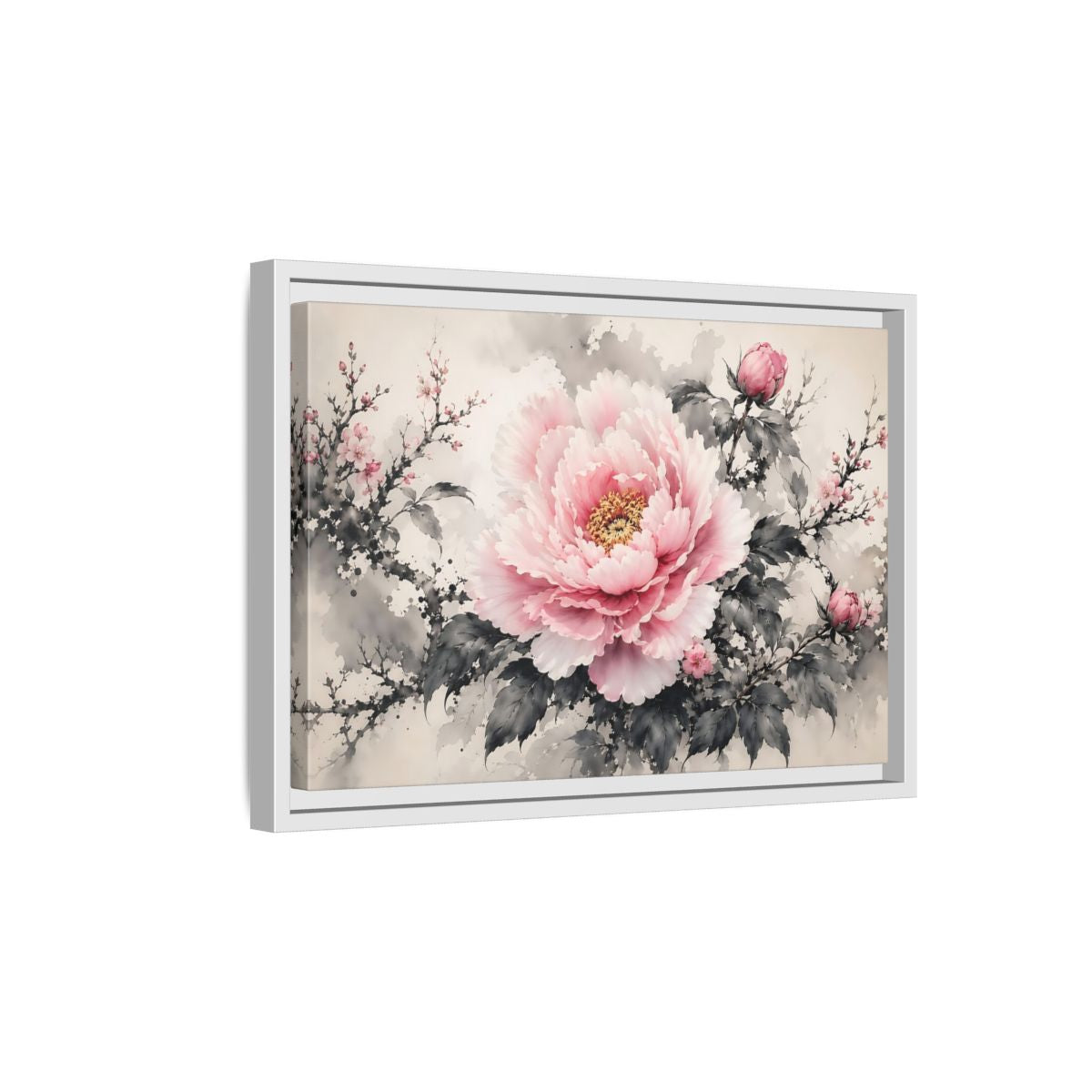 Side Mockup 4. Floral Peony Flower Pink And Grey Floral shown as stretched canvas wall art