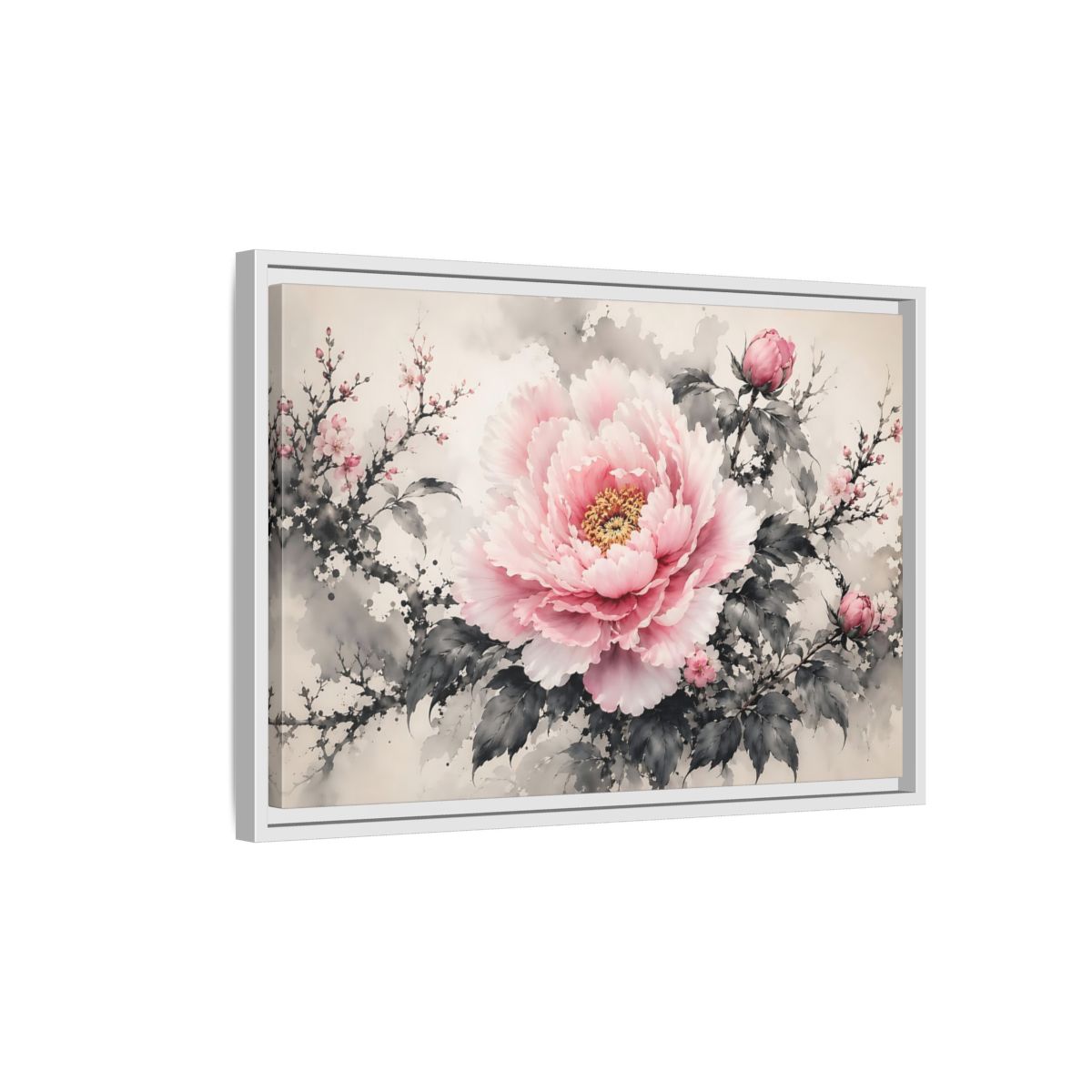 Side Mockup 1. Floral Peony Flower Pink And Grey Floral shown as stretched canvas wall art