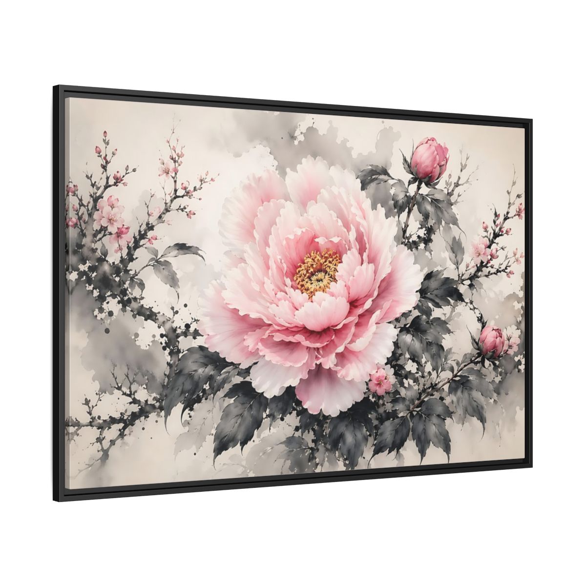 Side Mockup 12. Floral Peony Flower Pink And Grey Floral shown as stretched canvas wall art