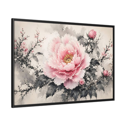 Side Mockup 12. Floral Peony Flower Pink And Grey Floral shown as stretched canvas wall art