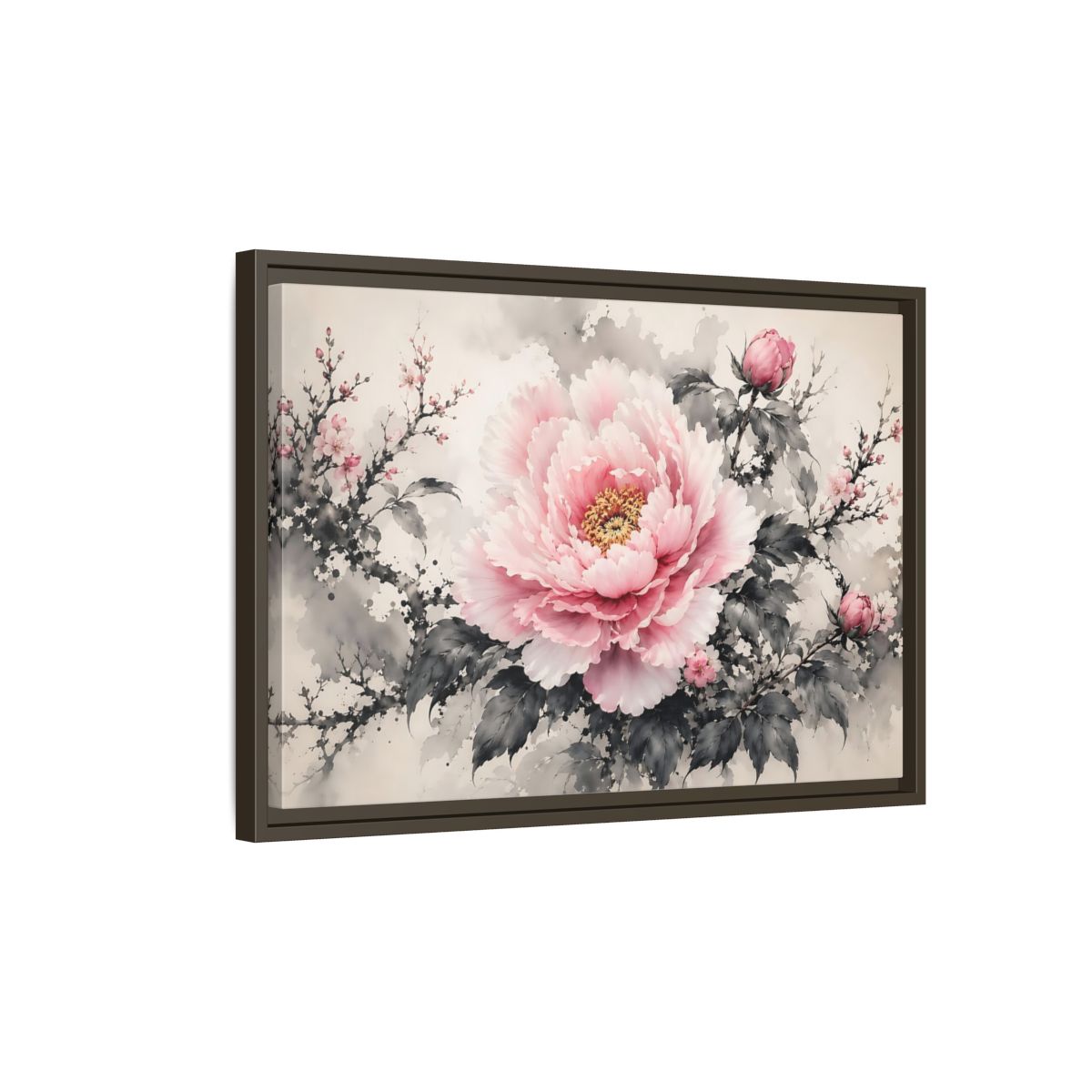 Side Mockup 2. Floral Peony Flower Pink And Grey Floral shown as stretched canvas wall art
