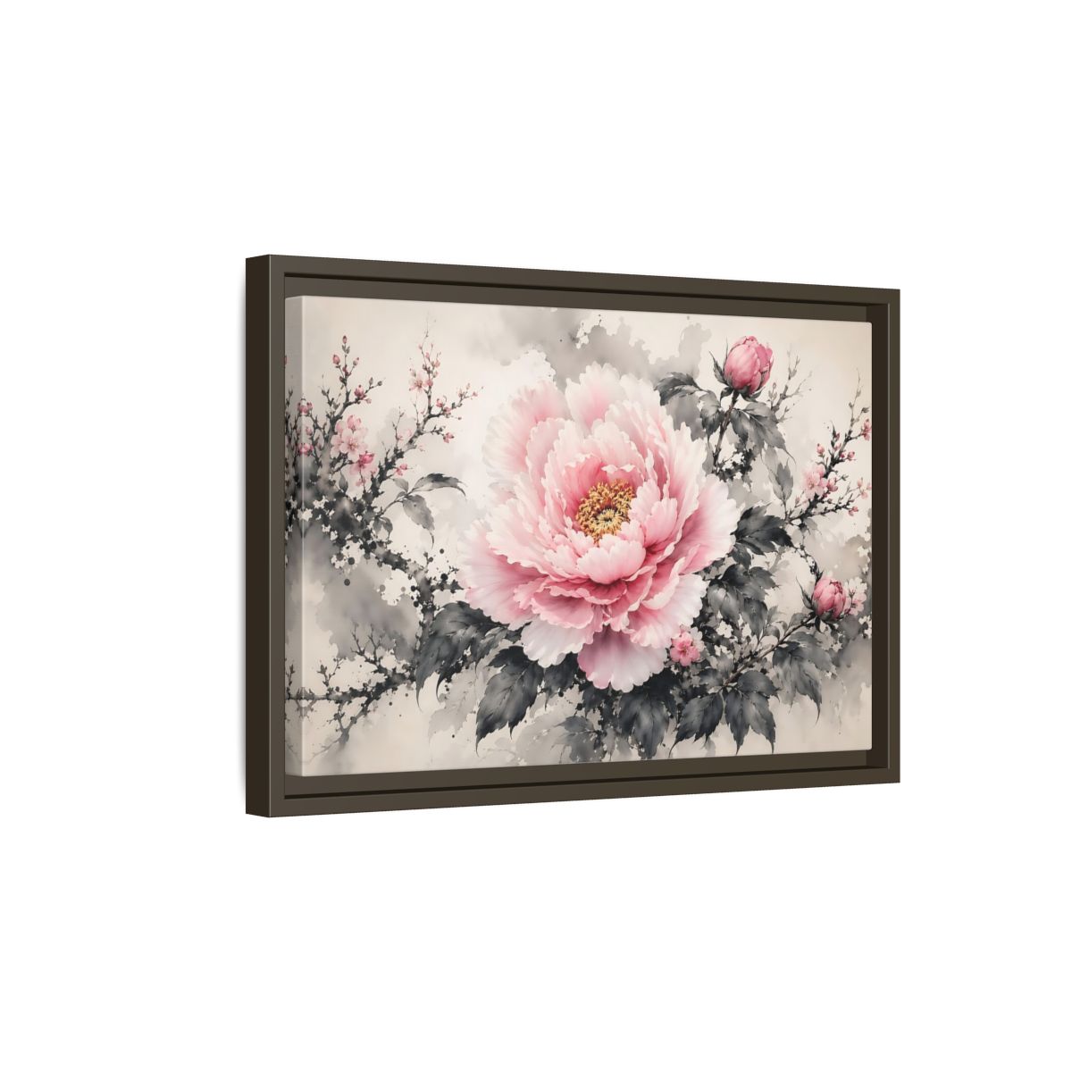 Side Mockup 5. Floral Peony Flower Pink And Grey Floral shown as stretched canvas wall art