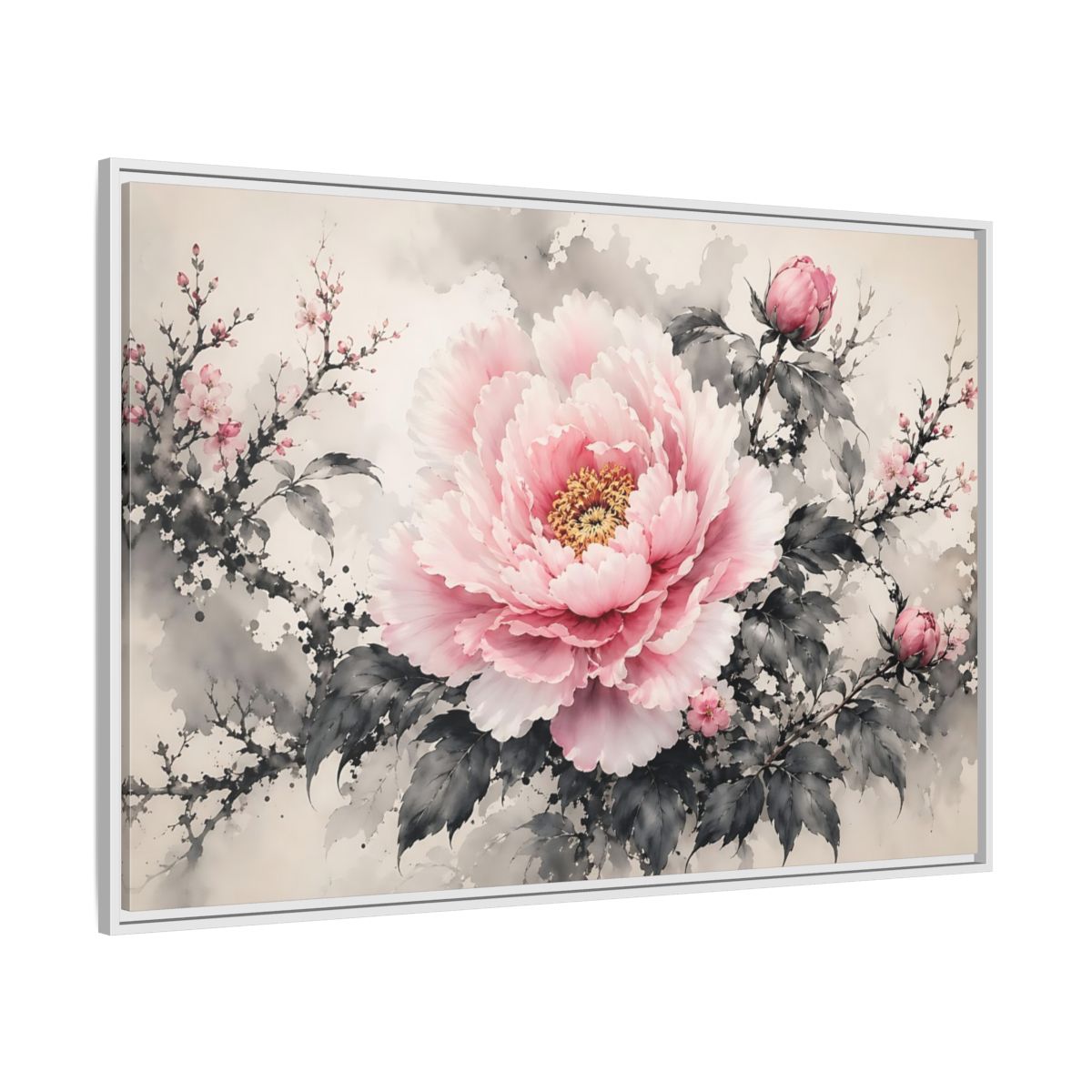 Side Mockup 7. Floral Peony Flower Pink And Grey Floral shown as stretched canvas wall art