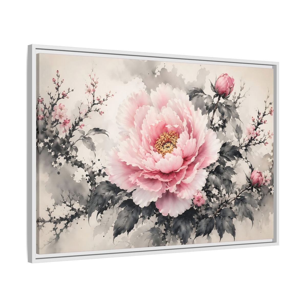 Side Mockup 9. Floral Peony Flower Pink And Grey Floral shown as stretched canvas wall art
