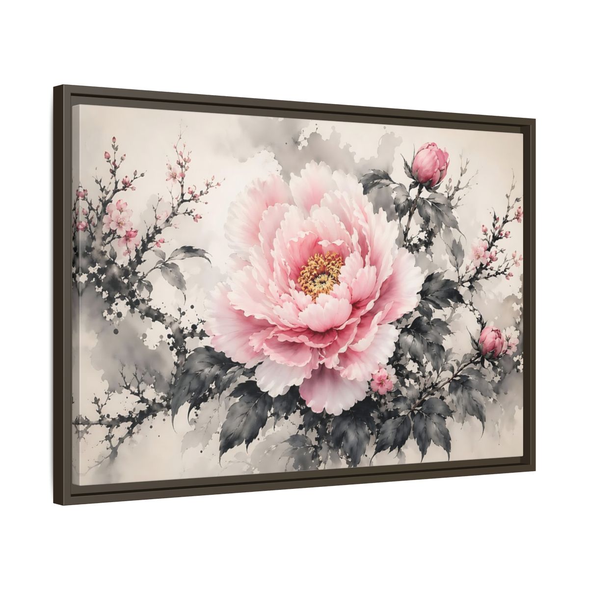 Side Mockup 11. Floral Peony Flower Pink And Grey Floral shown as stretched canvas wall art