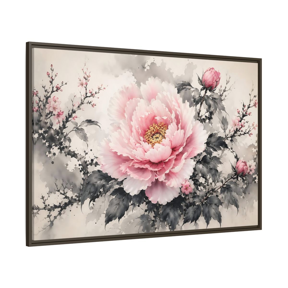 Side Mockup 8. Floral Peony Flower Pink And Grey Floral shown as stretched canvas wall art