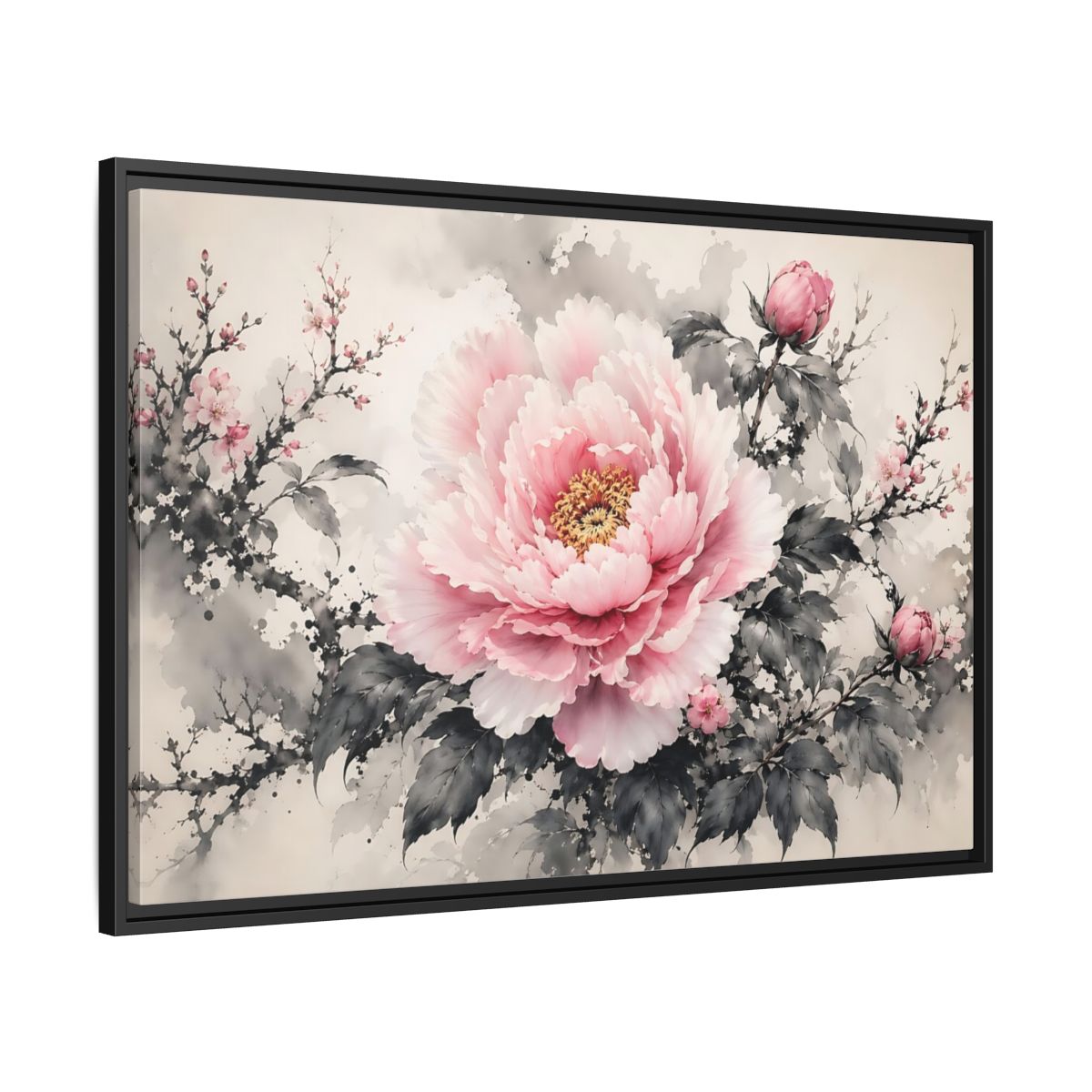 Side Mockup 13. Floral Peony Flower Pink And Grey Floral shown as stretched canvas wall art