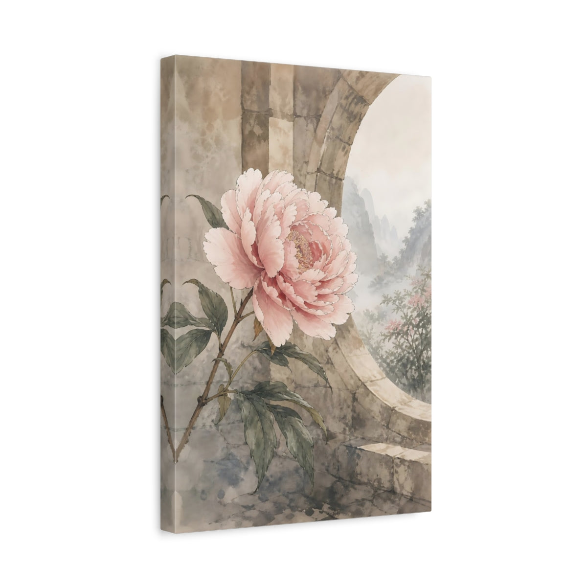 Side Mockup 4. Floral Peony Flower Pink Peony shown as stretched canvas wall art