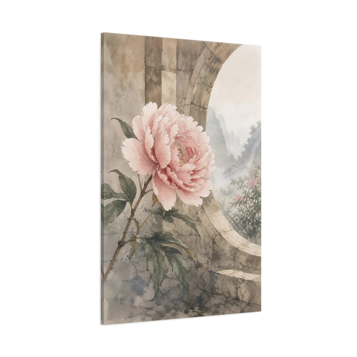 Side Mockup 1. Floral Peony Flower Pink Peony shown as stretched canvas wall art